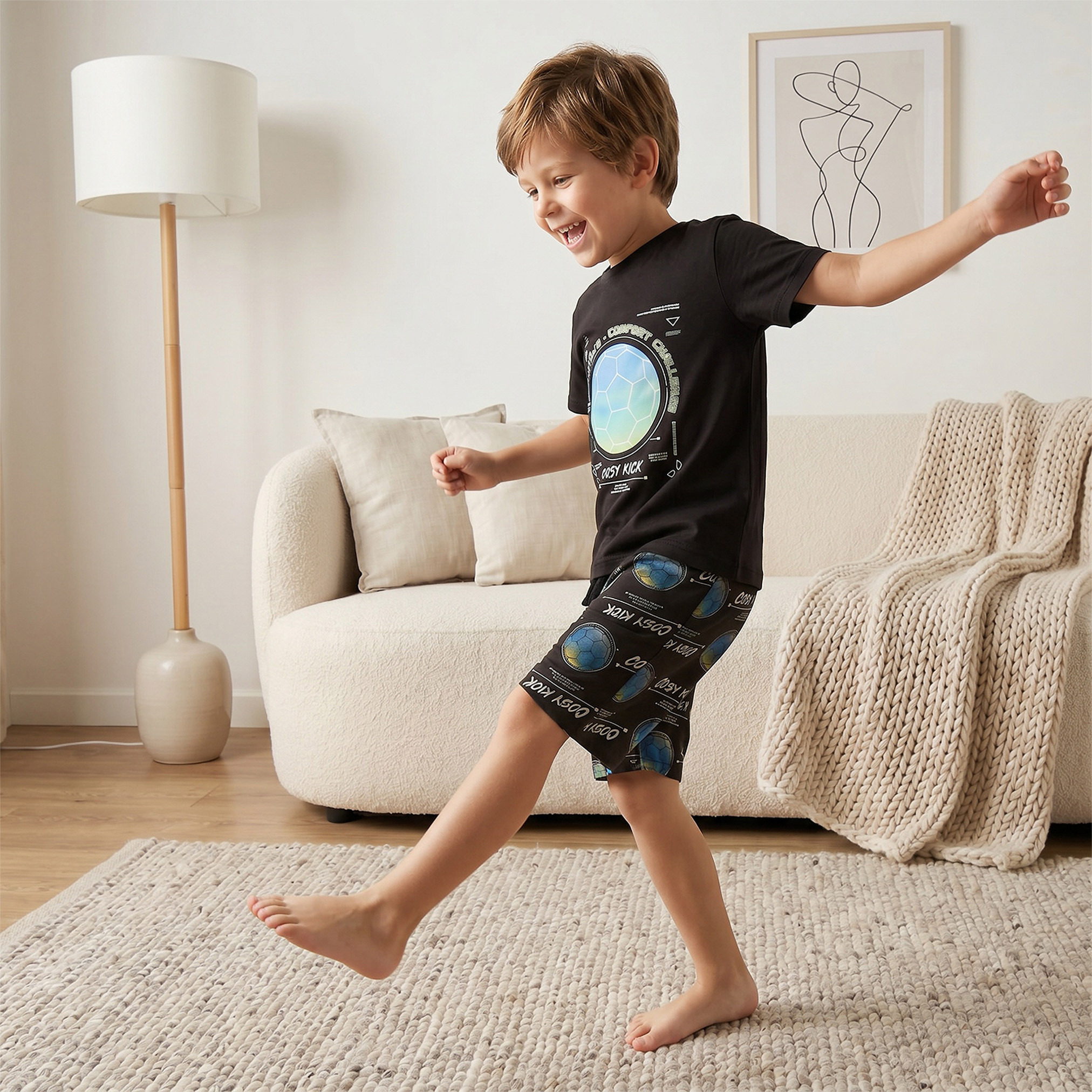 Juniors Cotton Crew Neck Short Sleeves Shorts Set with Football Print-boys-clothing-nightwear-image-1