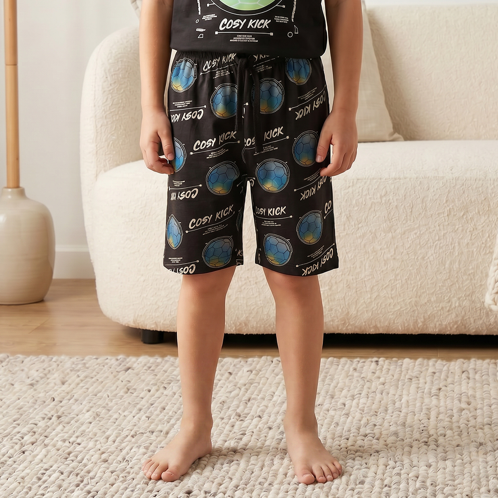 Juniors Cotton Crew Neck Short Sleeves Shorts Set with Football Print-boys-clothing-nightwear-image-3