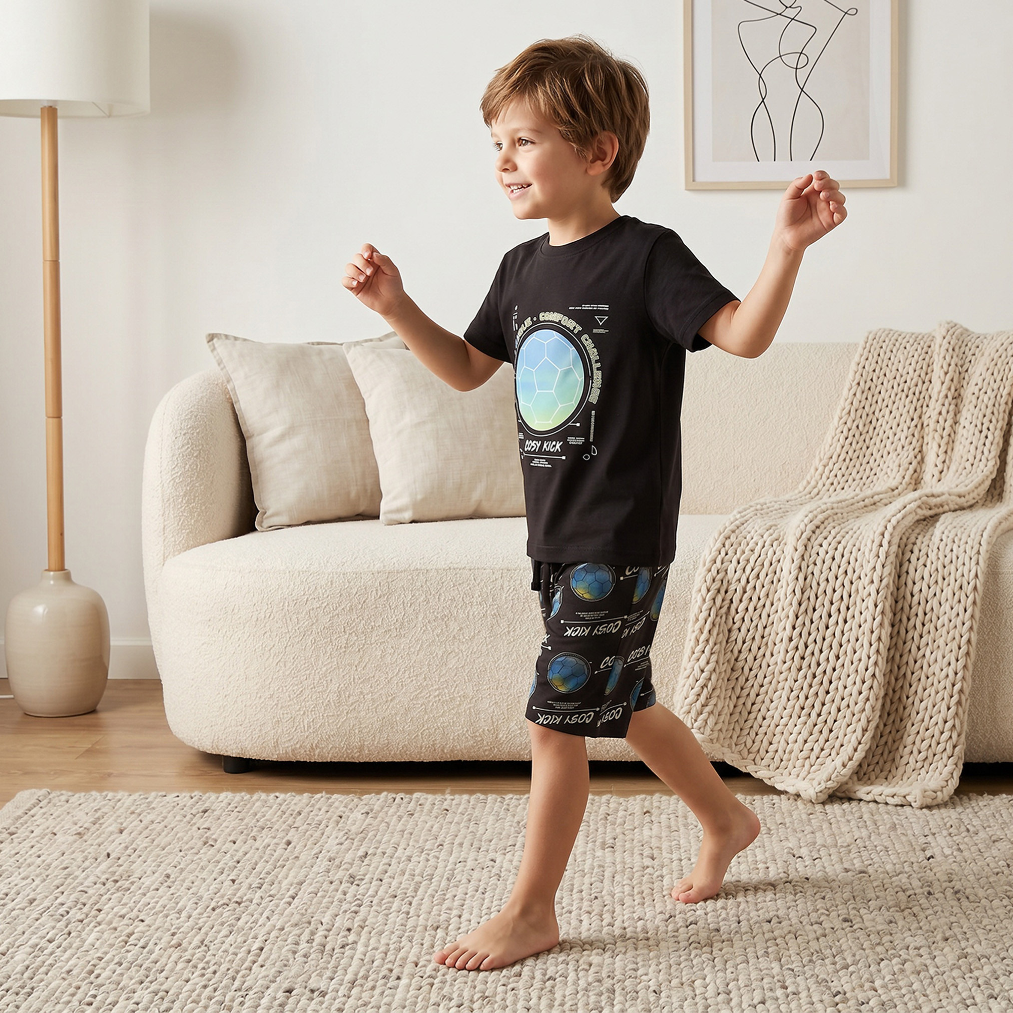 Juniors Cotton Crew Neck Short Sleeves Shorts Set with Football Print-boys-clothing-nightwear-image-7