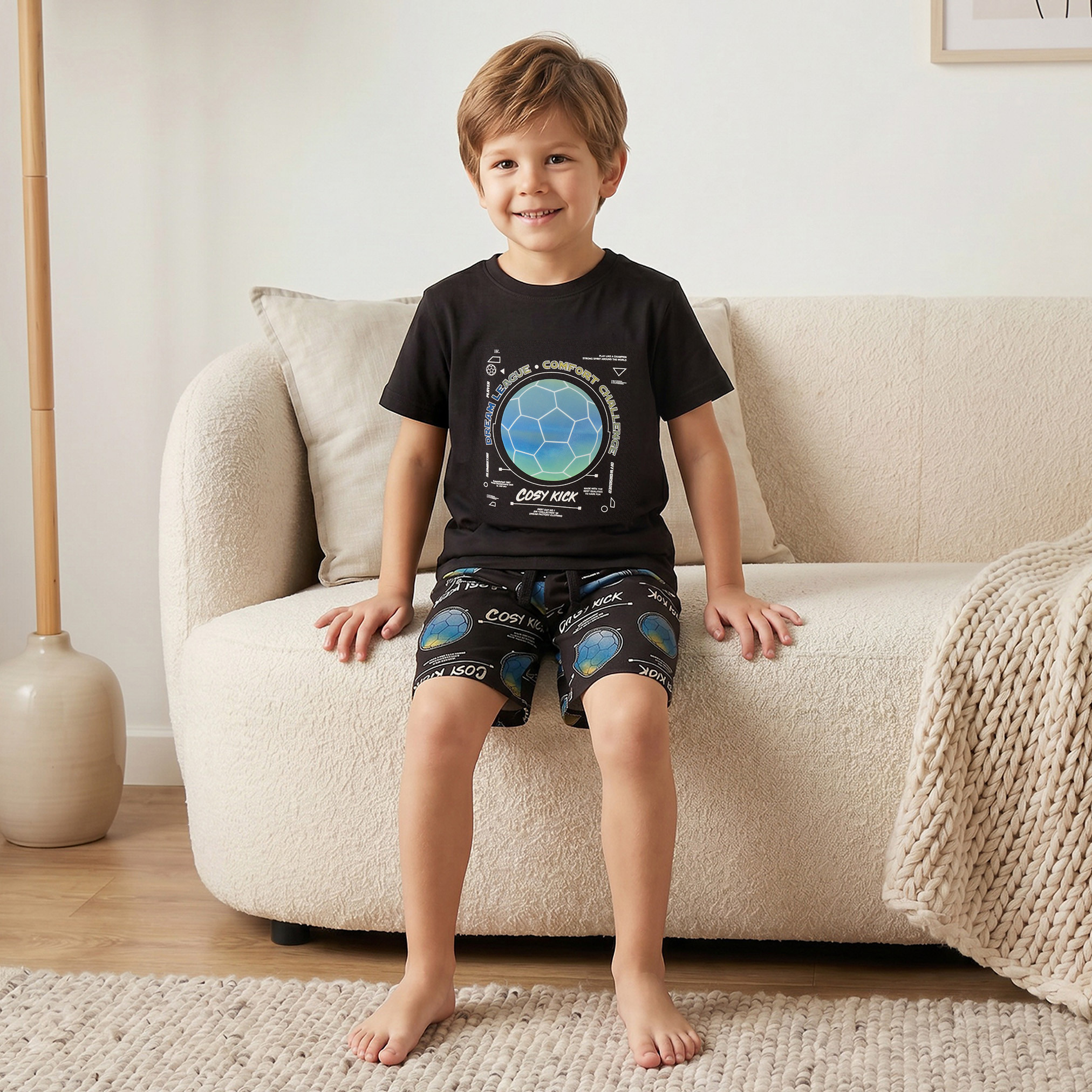 Juniors Cotton Crew Neck Short Sleeves Shorts Set with Football Print-boys-clothing-nightwear-image-8