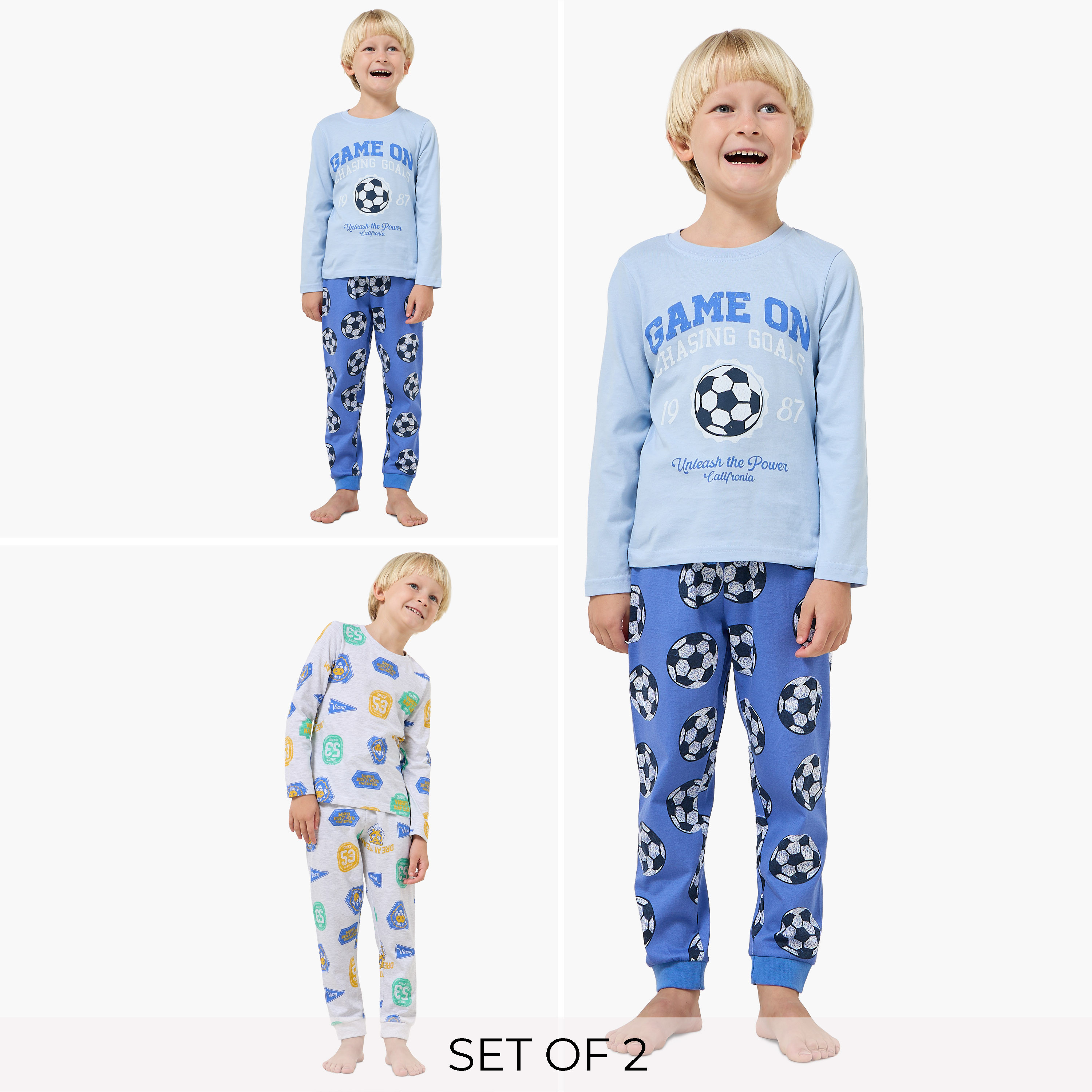 Pack of 2 Juniors Cotton Crew Neck Long Sleeves Pyjama Set with Varsity Print-boys-clothing-setsandcoords-image-1