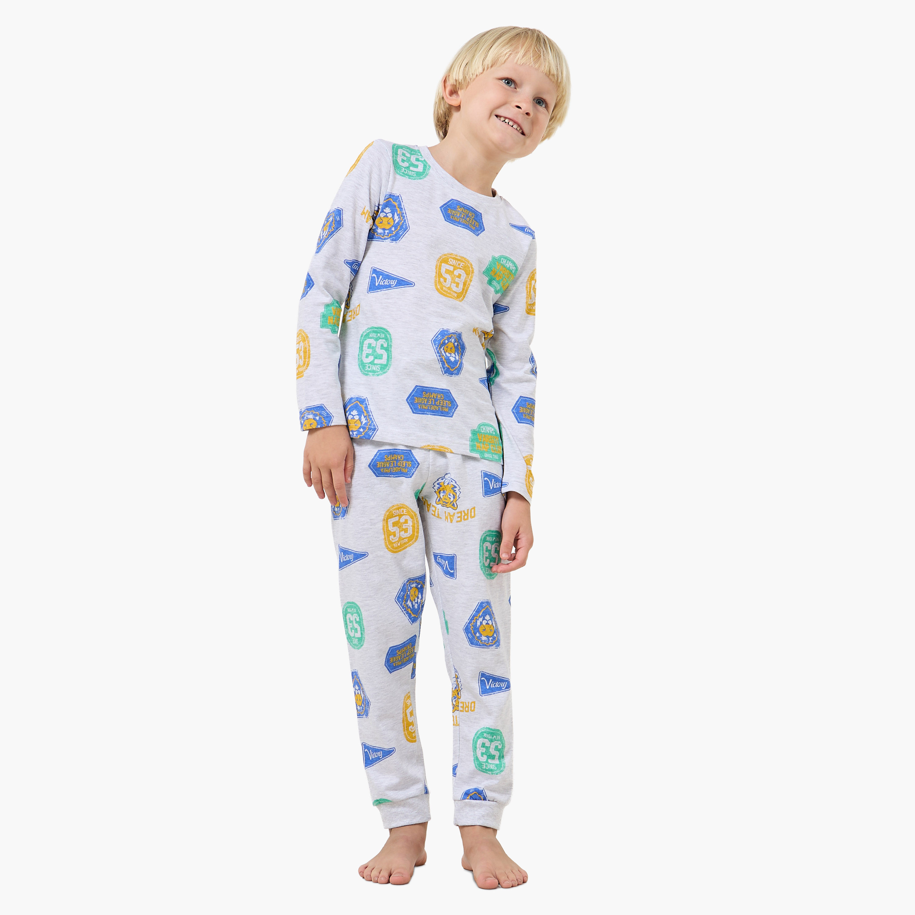 Pack of 2 Juniors Cotton Crew Neck Long Sleeves Pyjama Set with Varsity Print-boys-clothing-setsandcoords-image-2