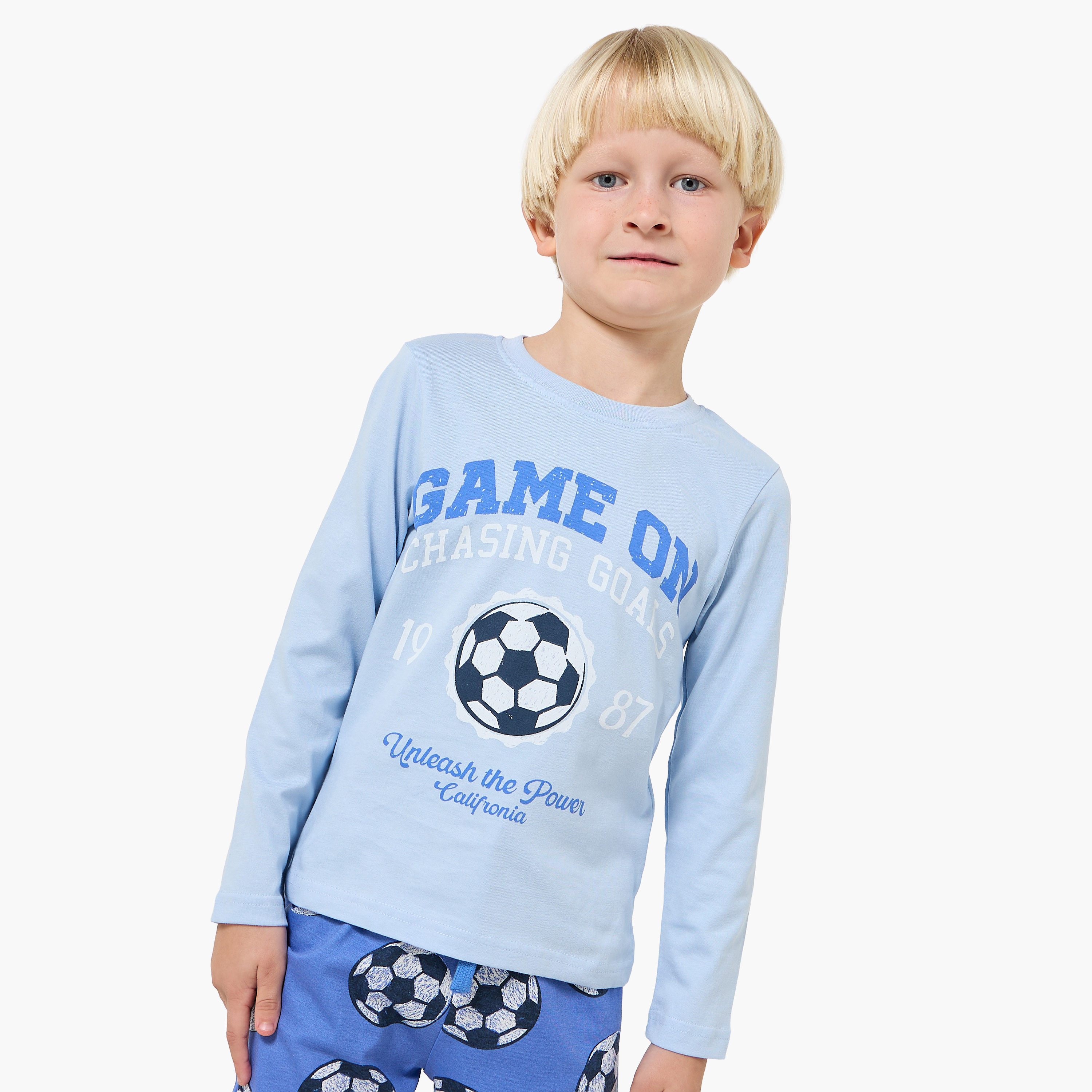 Pack of 2 Juniors Cotton Crew Neck Long Sleeves Pyjama Set with Varsity Print-boys-clothing-setsandcoords-image-3