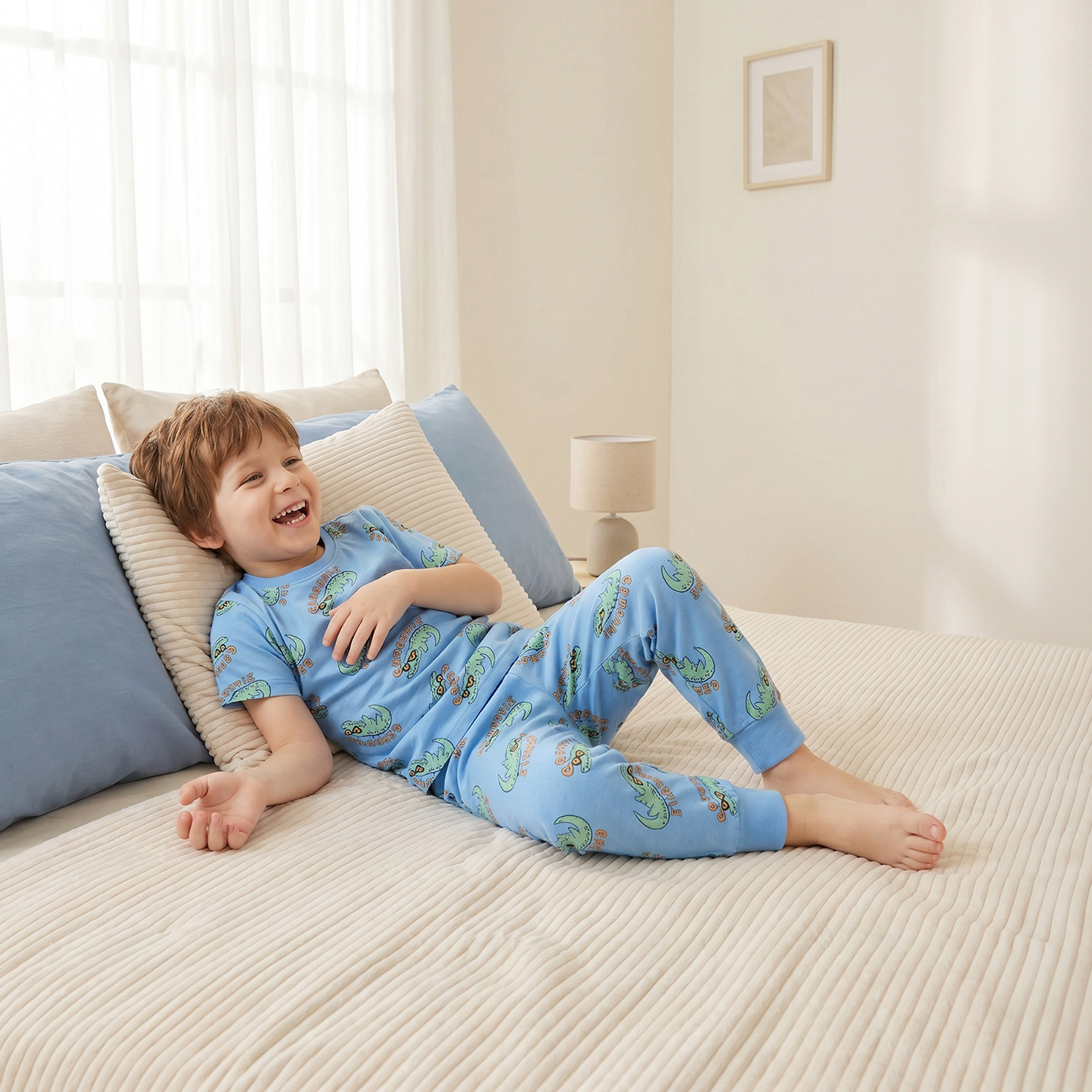 Juniors Cotton Crew Neck Short Sleeves Pyjama Set with Crocodile Print-boys-clothing-nightwear-image-9