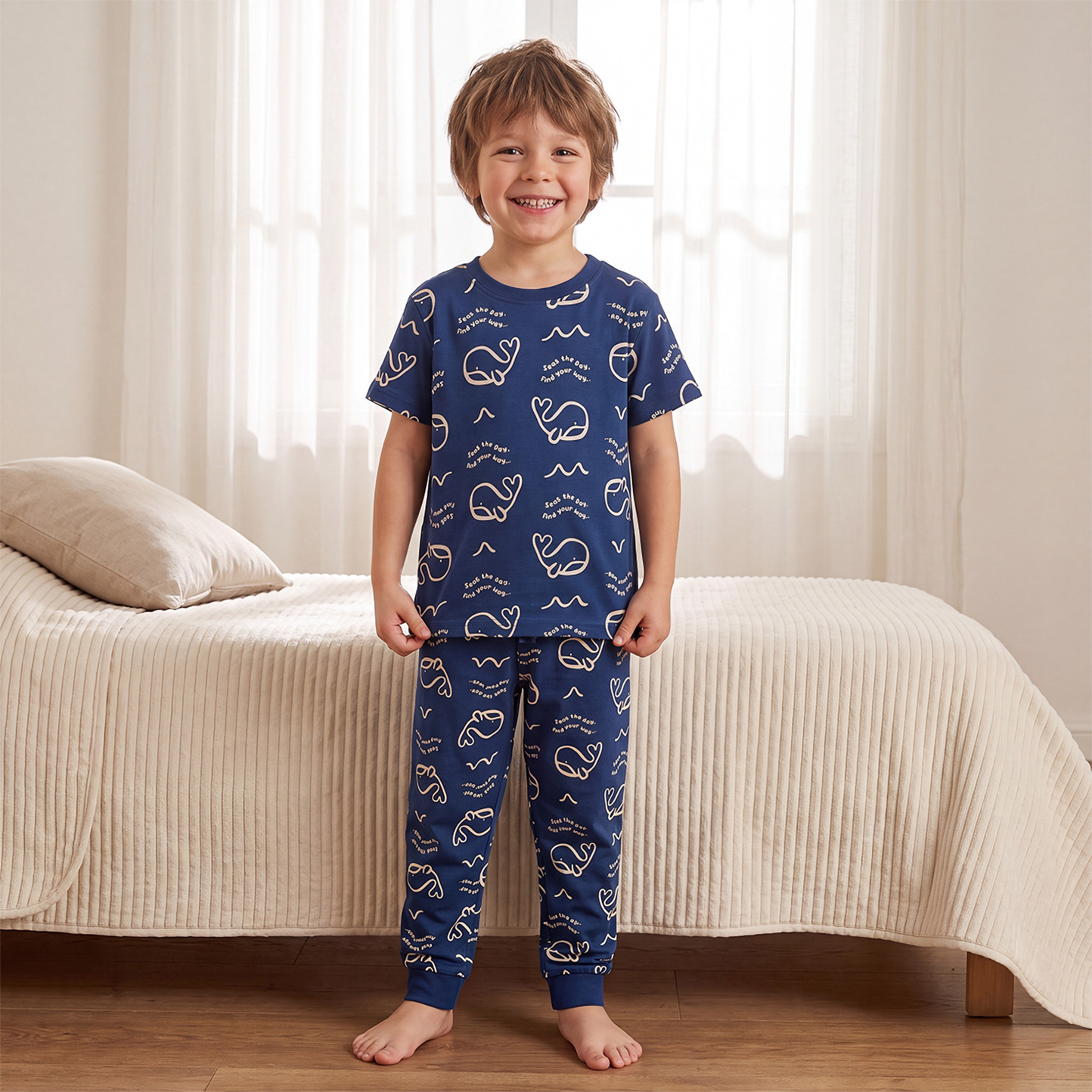 Pack of 2 Juniors Cotton Crew Neck Short Sleeves Pyjama Set with Aquatic Print-boys-clothing-nightwear-image-10