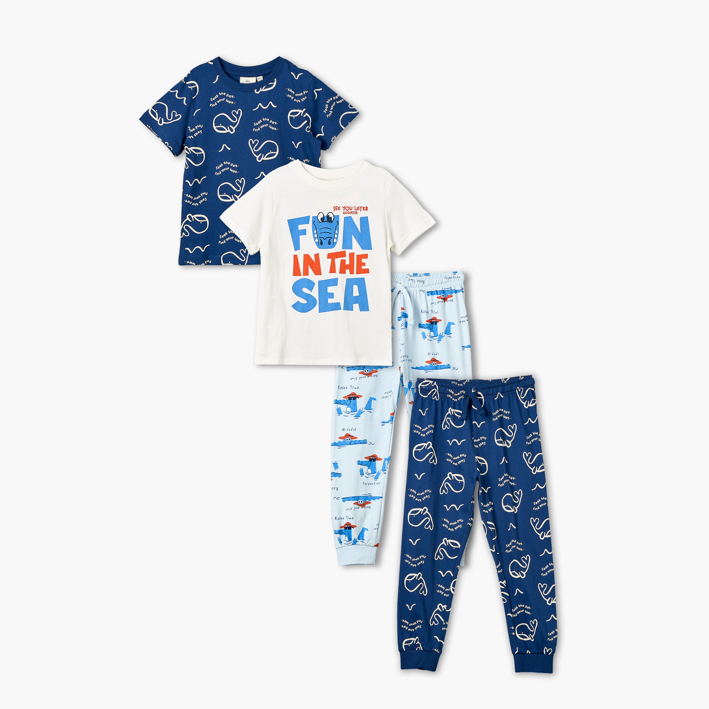 Pack of 2 Juniors Cotton Crew Neck Short Sleeves Pyjama Set with Aquatic Print-boys-clothing-nightwear-image-11