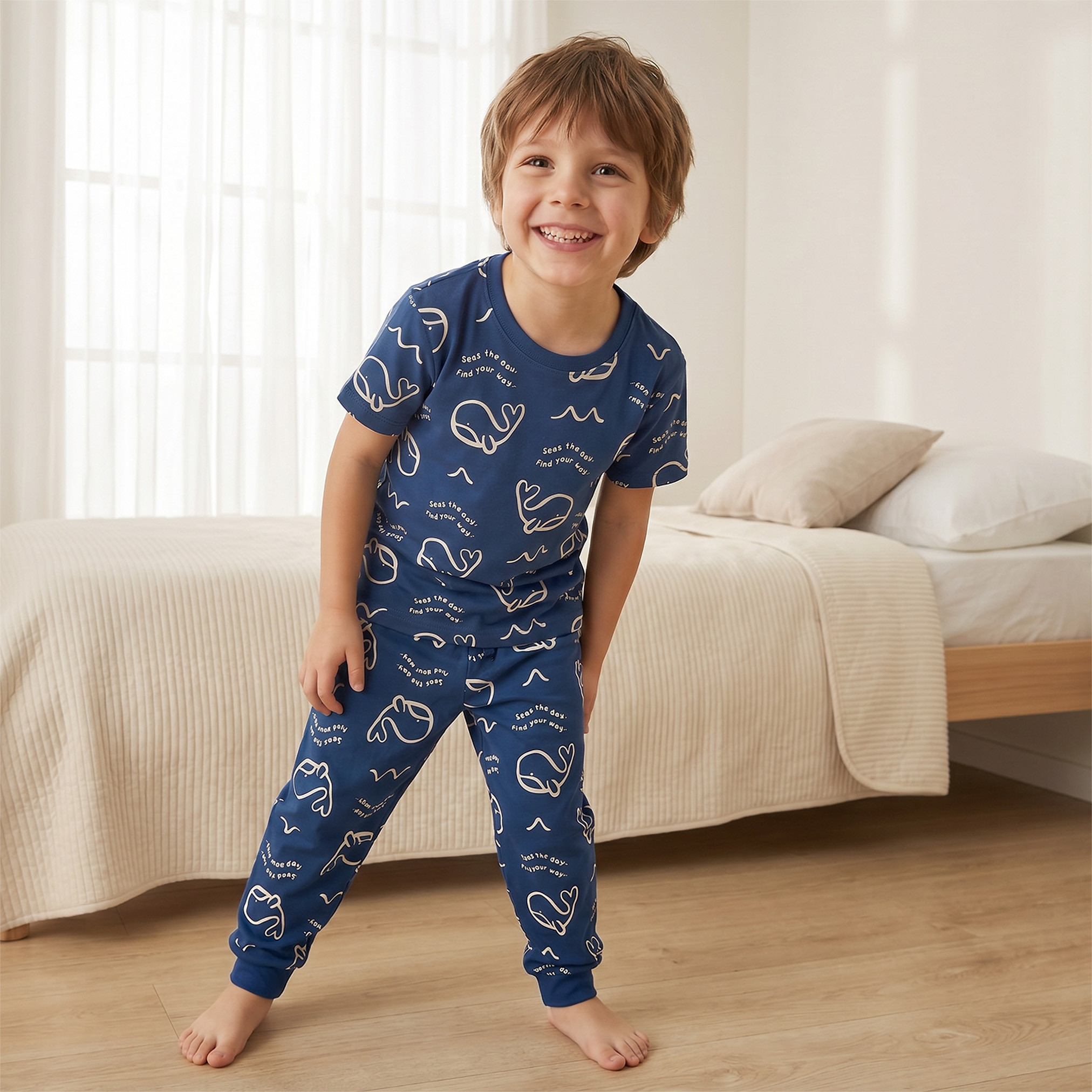 Pack of 2 Juniors Cotton Crew Neck Short Sleeves Pyjama Set with Aquatic Print-boys-clothing-nightwear-image-3