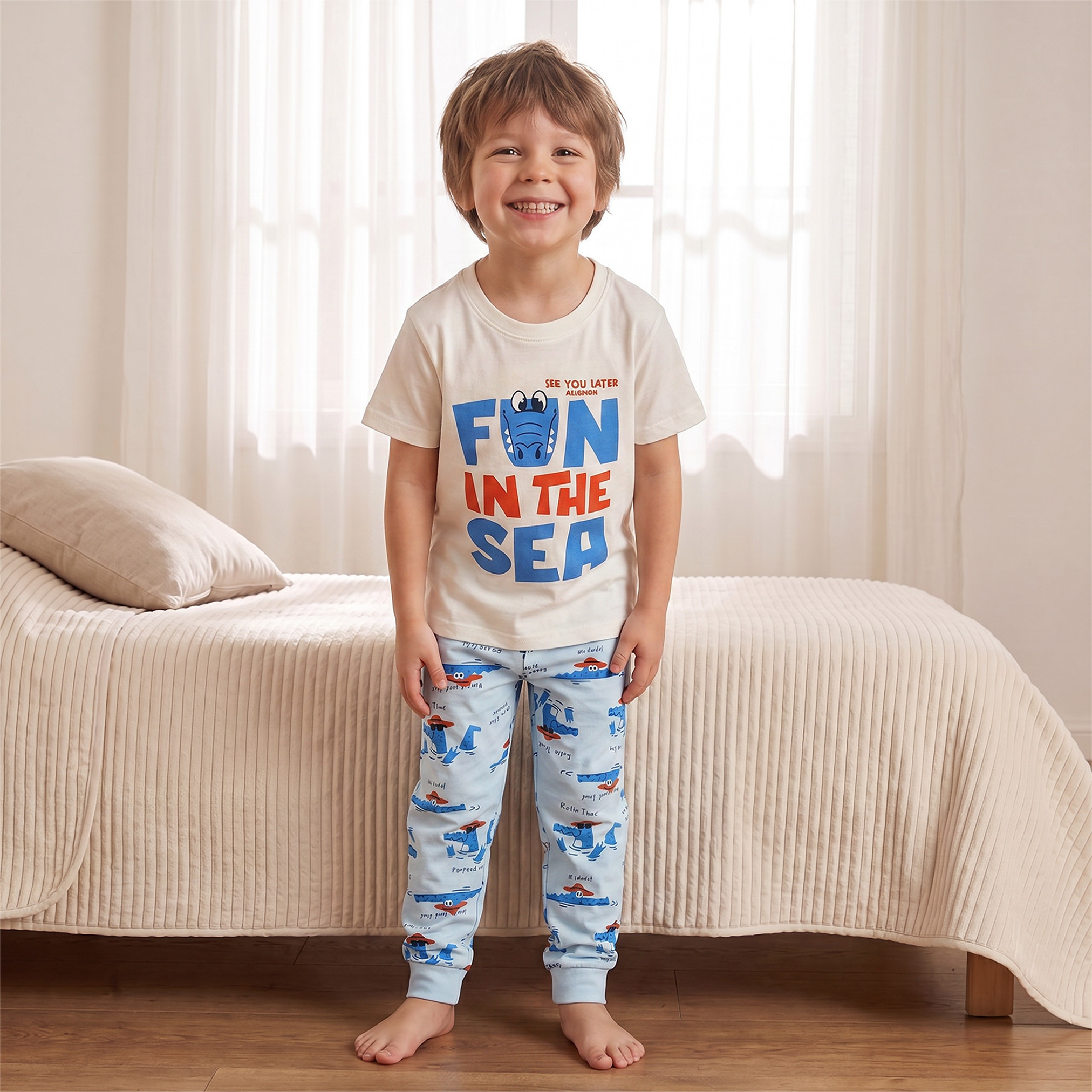 Pack of 2 Juniors Cotton Crew Neck Short Sleeves Pyjama Set with Aquatic Print-boys-clothing-nightwear-image-4