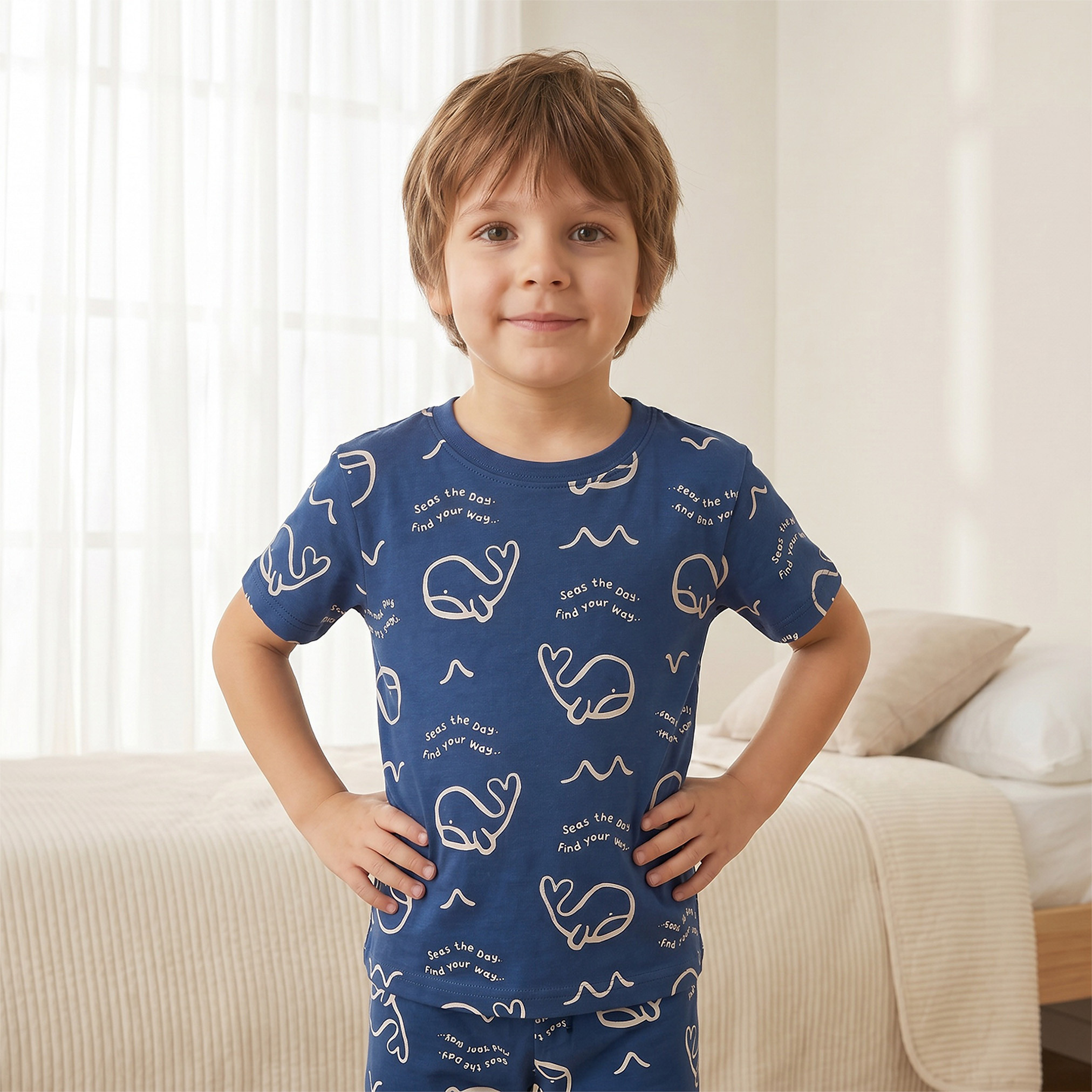 Pack of 2 Juniors Cotton Crew Neck Short Sleeves Pyjama Set with Aquatic Print-boys-clothing-nightwear-image-5