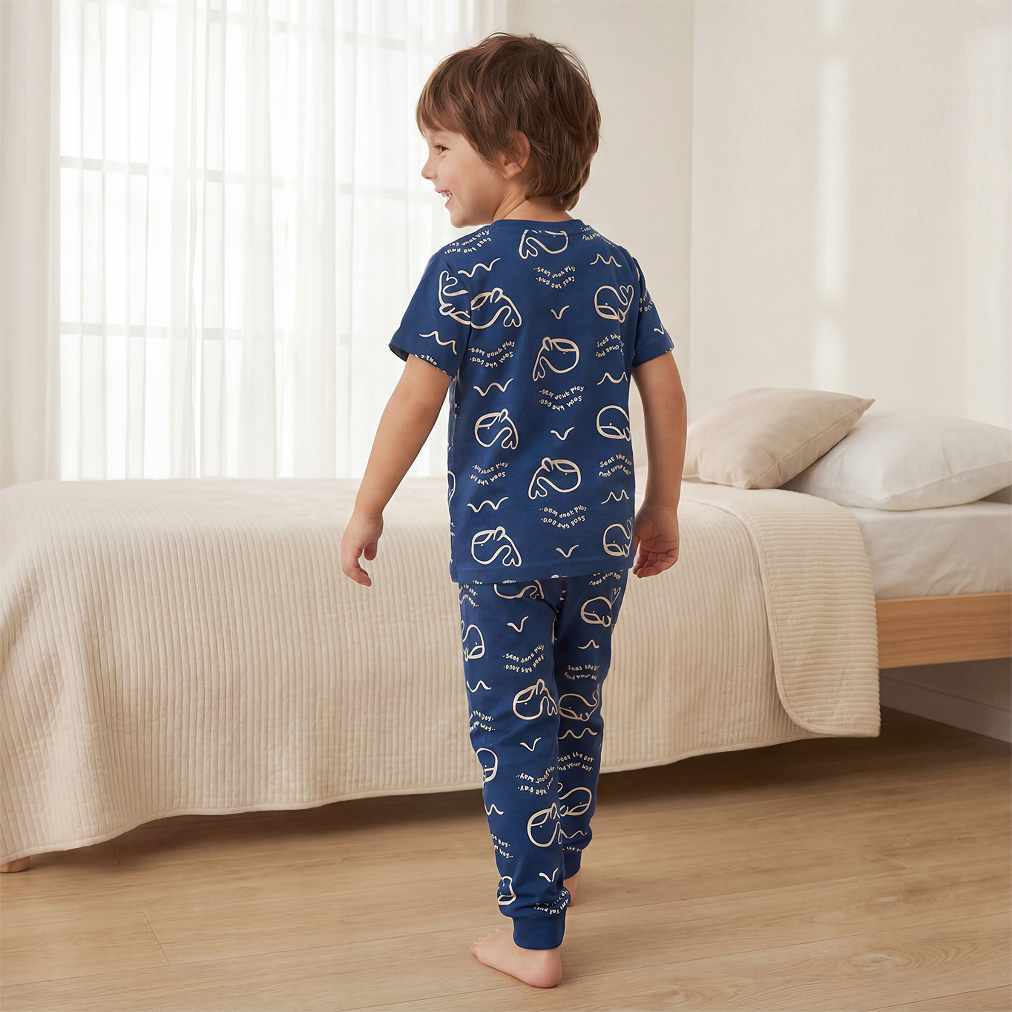 Pack of 2 Juniors Cotton Crew Neck Short Sleeves Pyjama Set with Aquatic Print-boys-clothing-nightwear-image-7