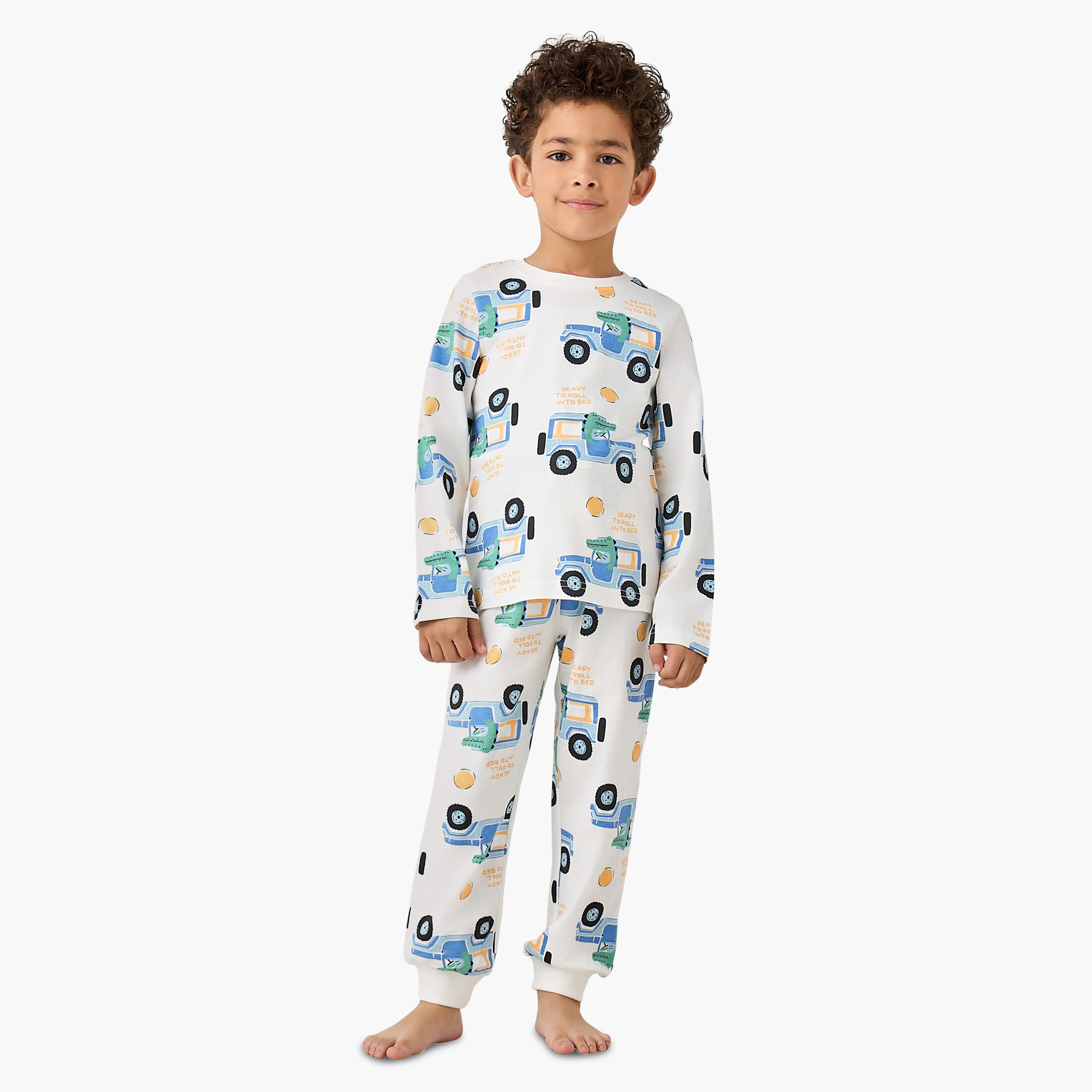 Juniors Cotton Round Neck Long Sleeve Pyjama Set with Wild Animal Print-boys-clothing-nightwear-image-1