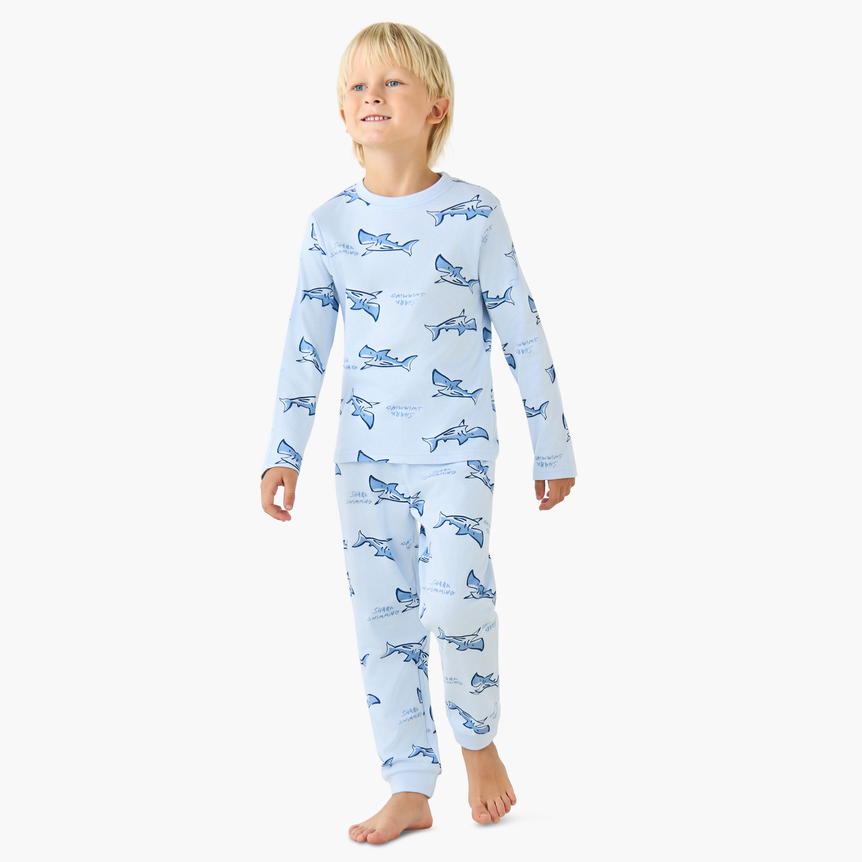 Juniors Cotton Crew Neck Long Sleeves Pyjama Set with Drawstring Closure-boys-clothing-nightwear-image-1
