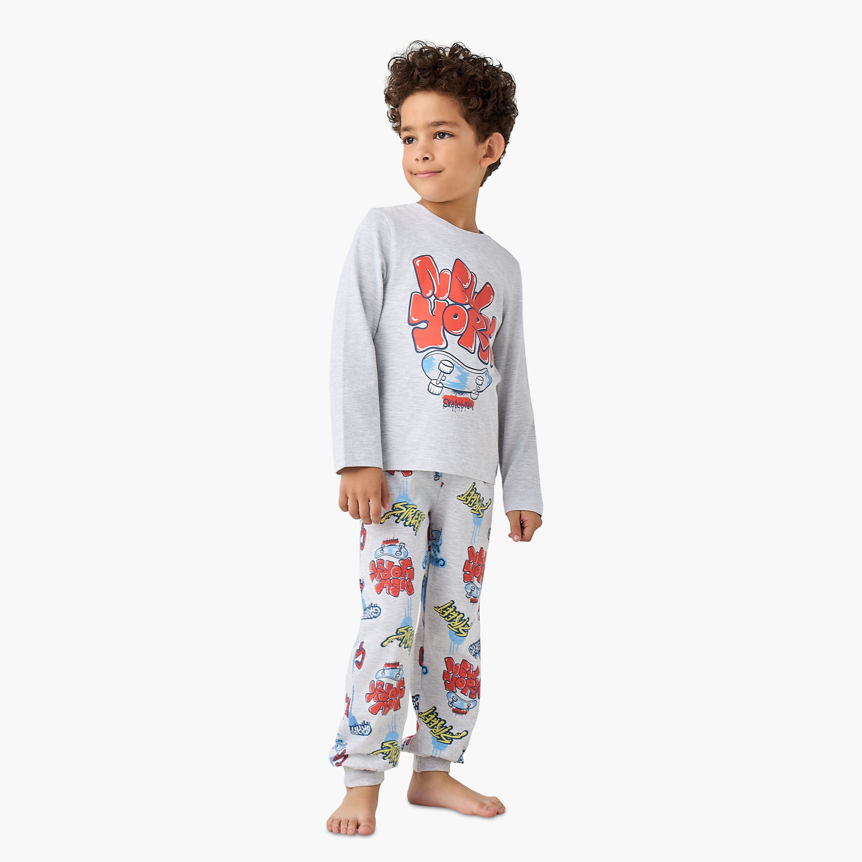 Juniors Crew Neck Long Sleeves Pyjama Set with New York Print-boys-clothing-nightwear-image-1