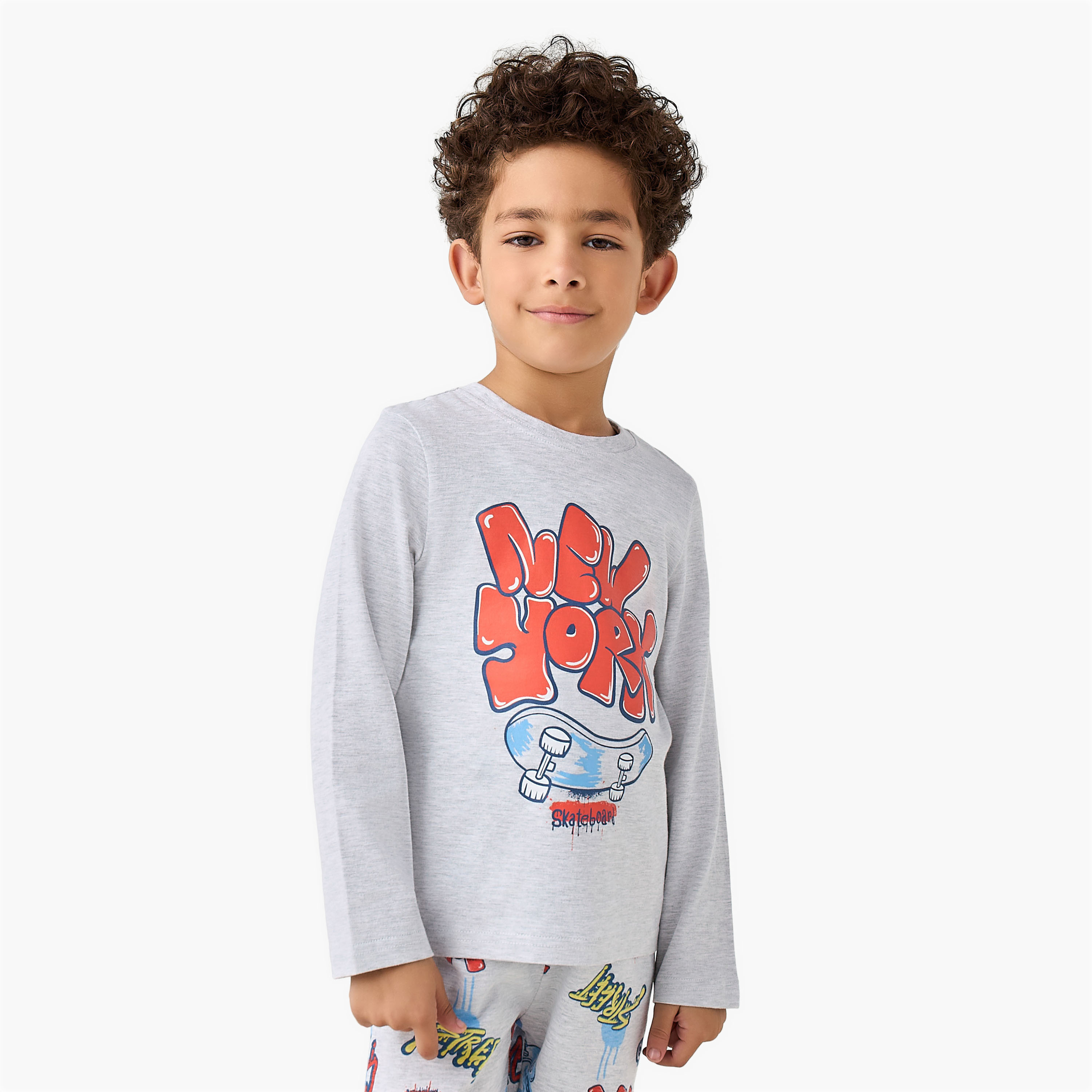 Juniors Crew Neck Long Sleeves Pyjama Set with New York Print-boys-clothing-nightwear-image-2