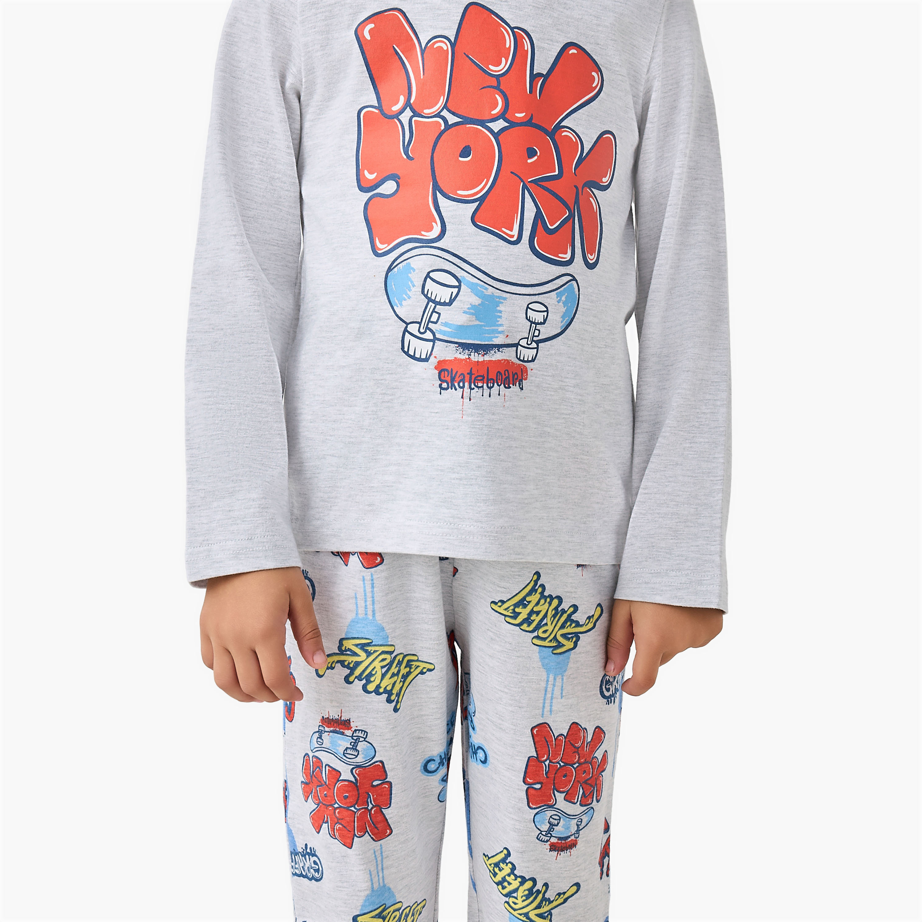 Juniors Crew Neck Long Sleeves Pyjama Set with New York Print-boys-clothing-nightwear-image-5