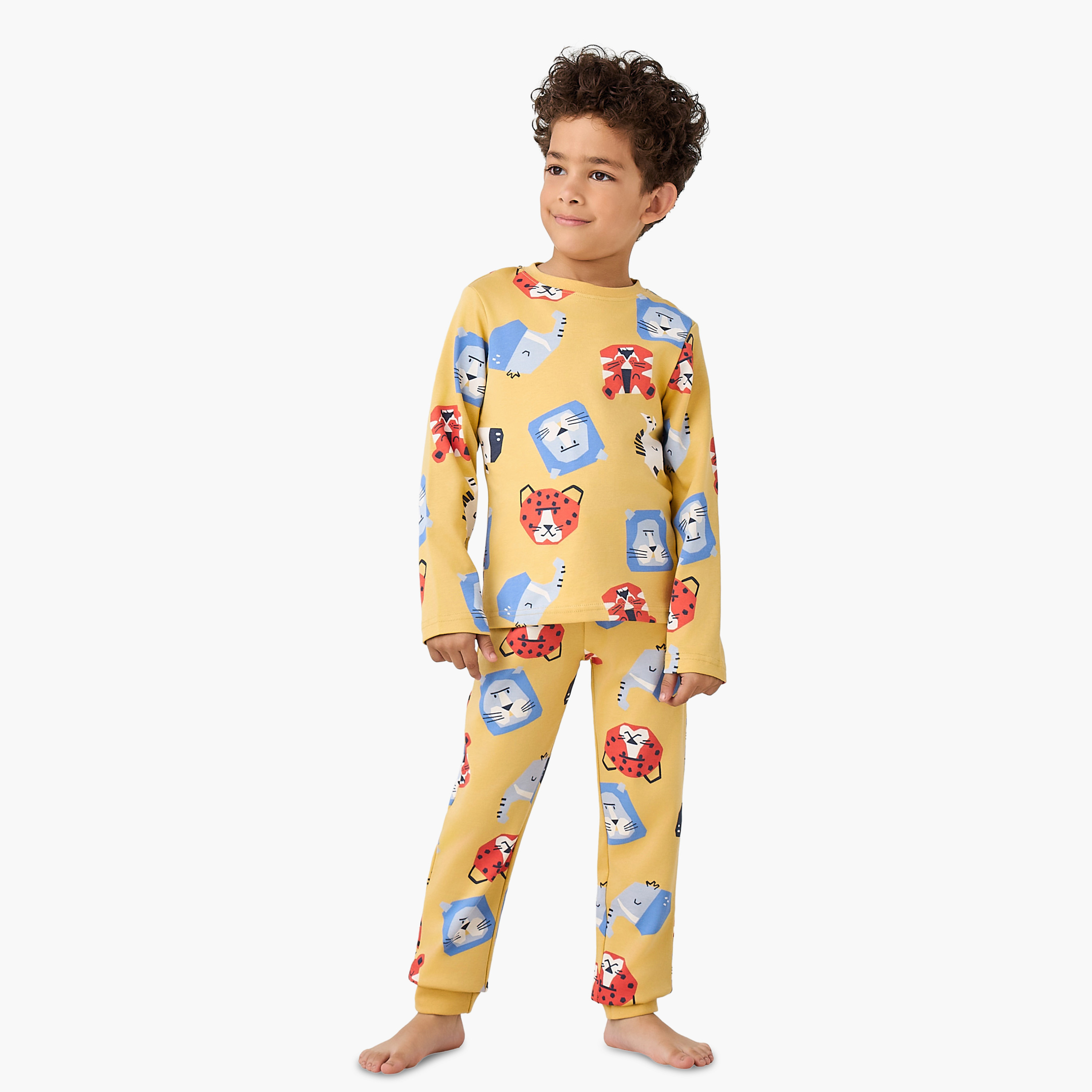 Juniors Cotton Round Neck Long Sleeve Pyjama Set with Wild Animal Print-boys-clothing-nightwear-image-1