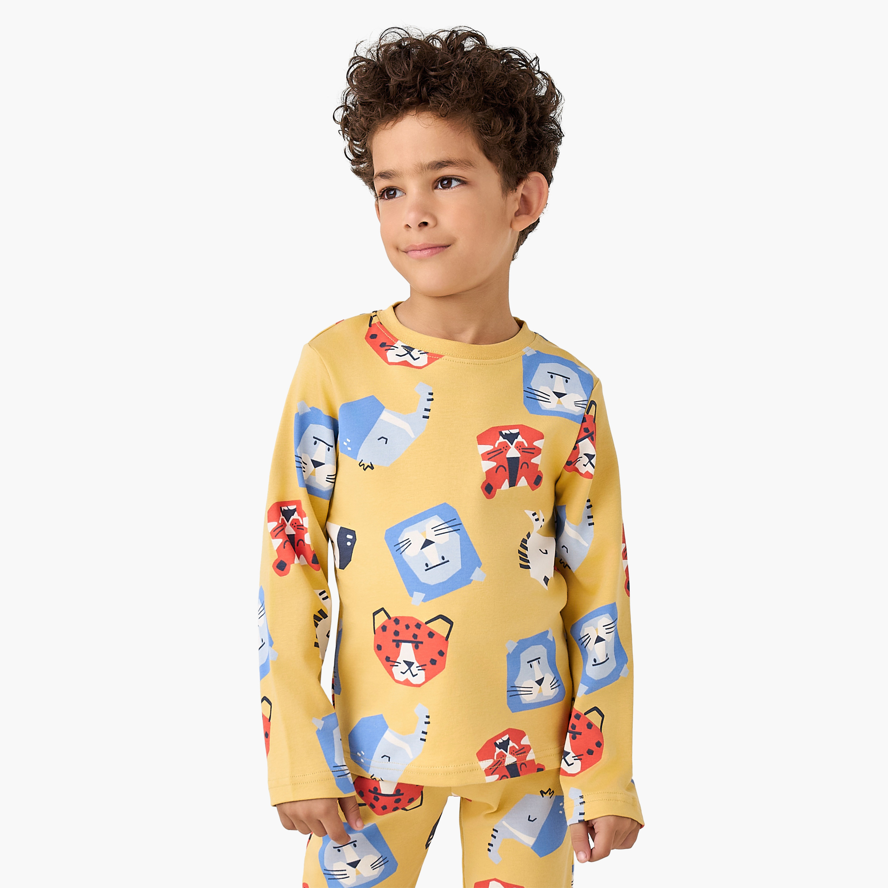 Juniors Cotton Round Neck Long Sleeve Pyjama Set with Wild Animal Print-boys-clothing-nightwear-image-2