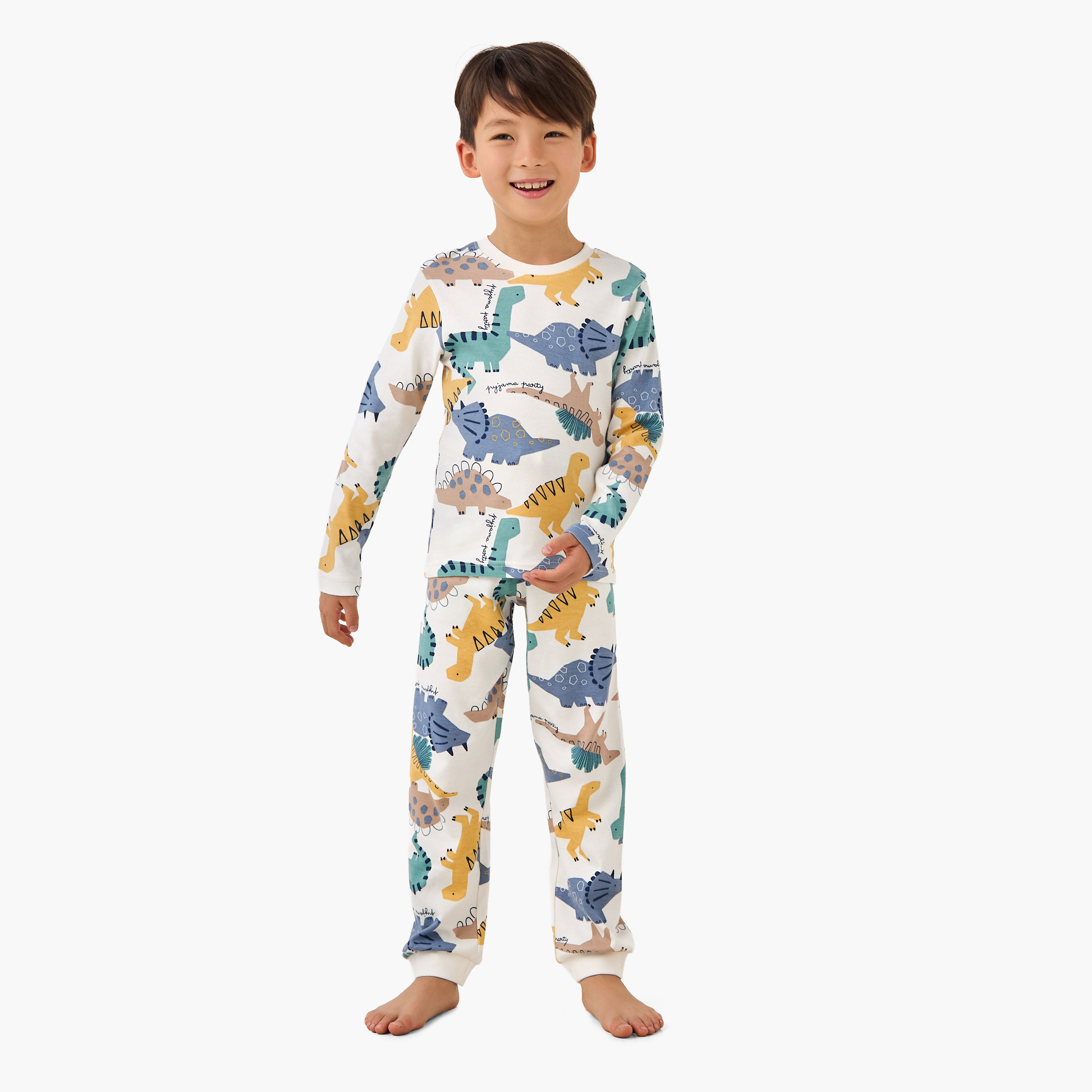 Juniors Cotton Crew Neck Long Sleeves Pyjama Set with Dinosaur Print-boys-clothing-nightwear-image-1