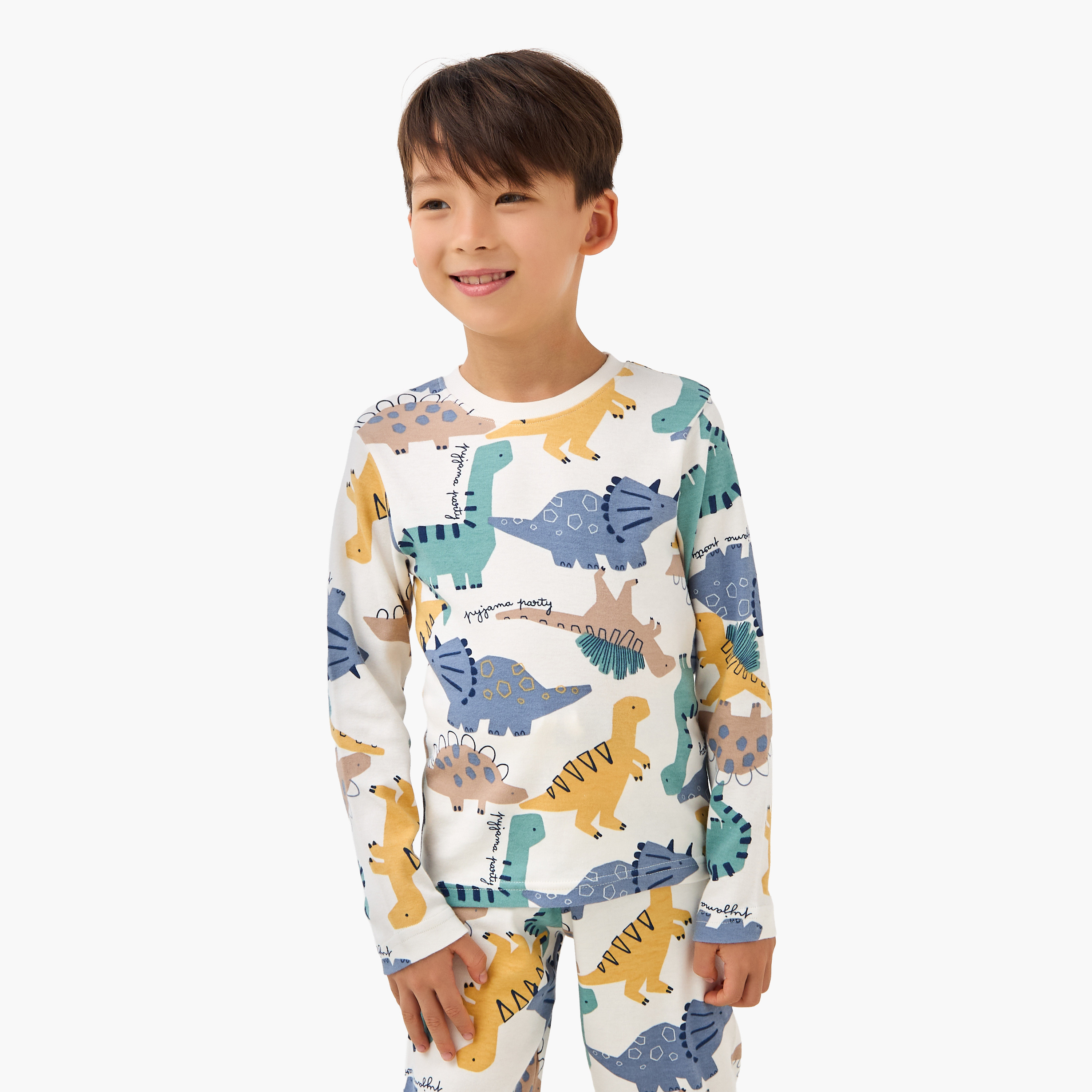Juniors Cotton Crew Neck Long Sleeves Pyjama Set with Dinosaur Print-boys-clothing-nightwear-image-2