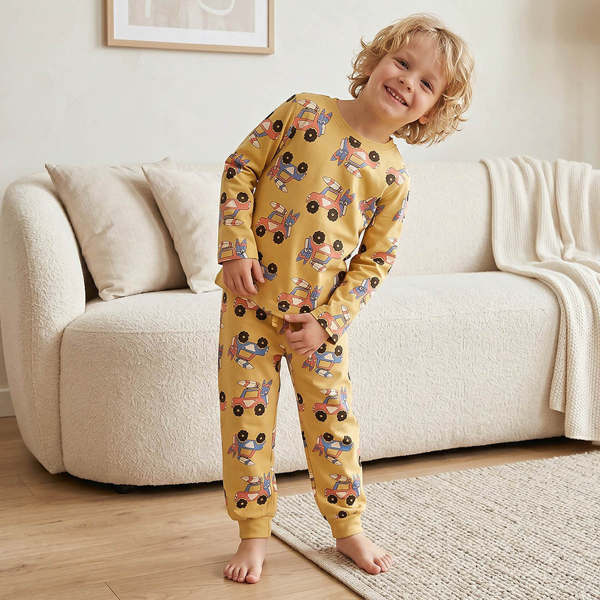 طقم بيجاما قطن بياقة مستديرة وأكمام طويلة بطبعات مركبات من جونيورز-boys-clothing-nightwear-image-1