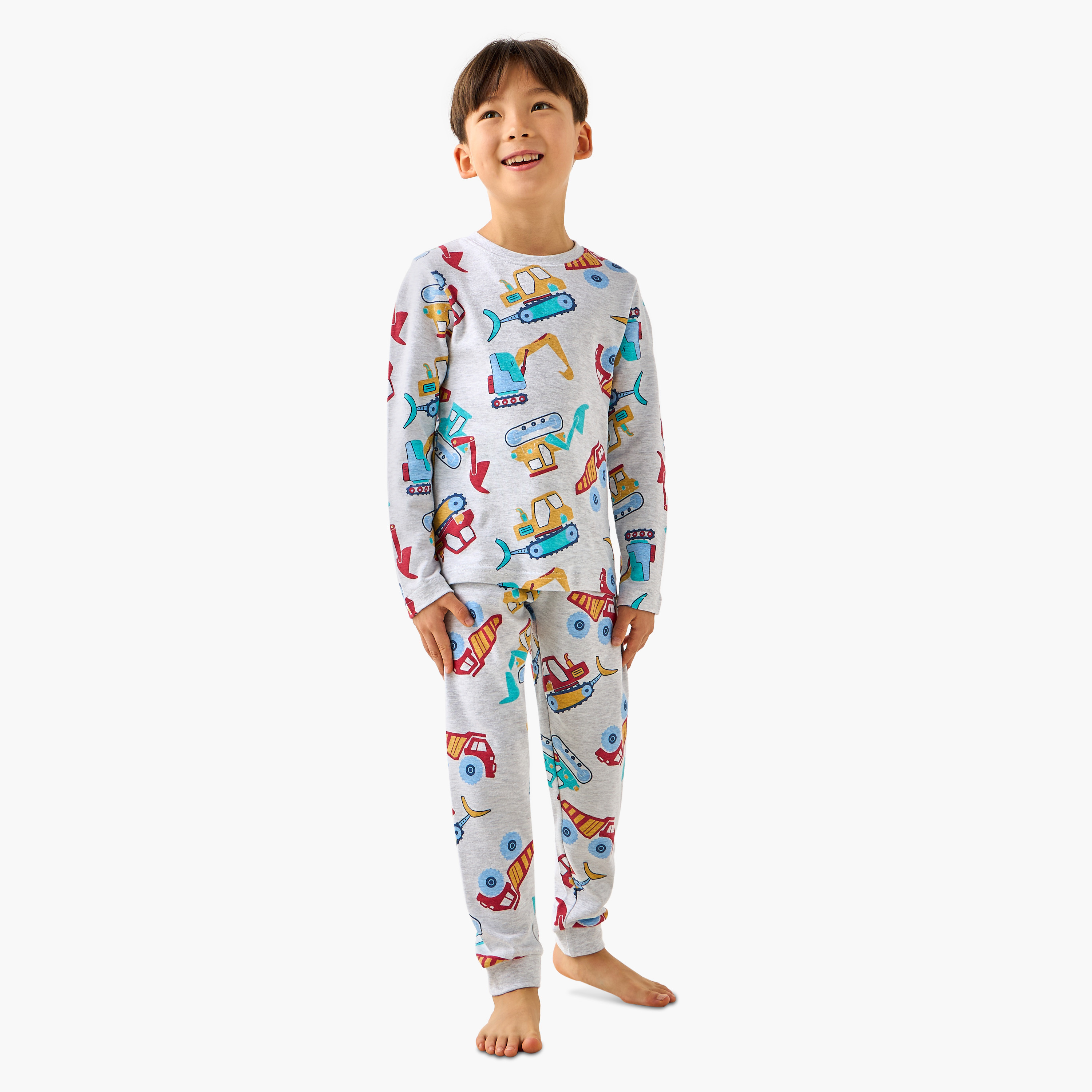 Juniors Cotton Crew Neck Long Sleeves Pyjama Set with Dinosaur Print-boys-clothing-nightwear-image-1