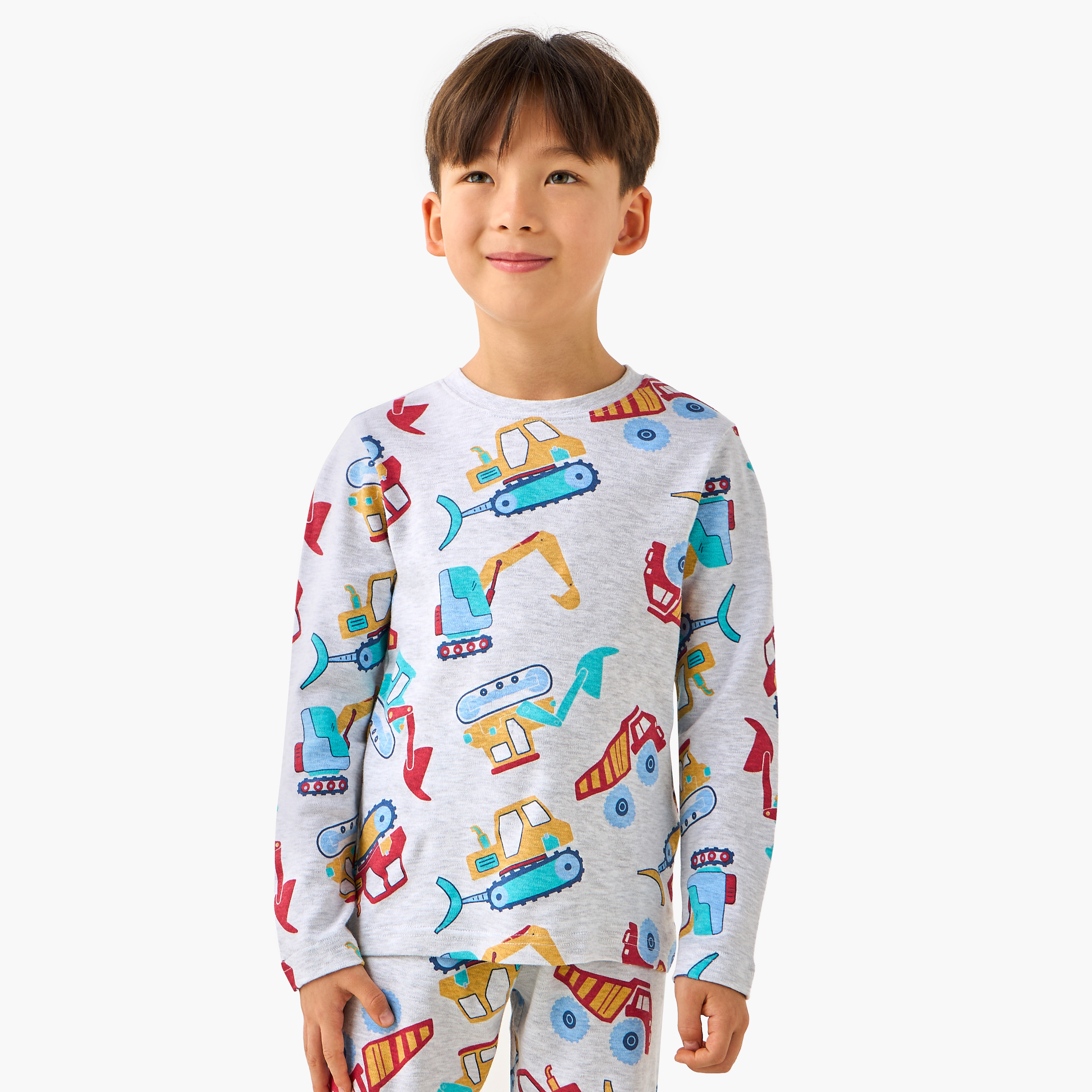 Juniors Cotton Crew Neck Long Sleeves Pyjama Set with Dinosaur Print-boys-clothing-nightwear-image-2