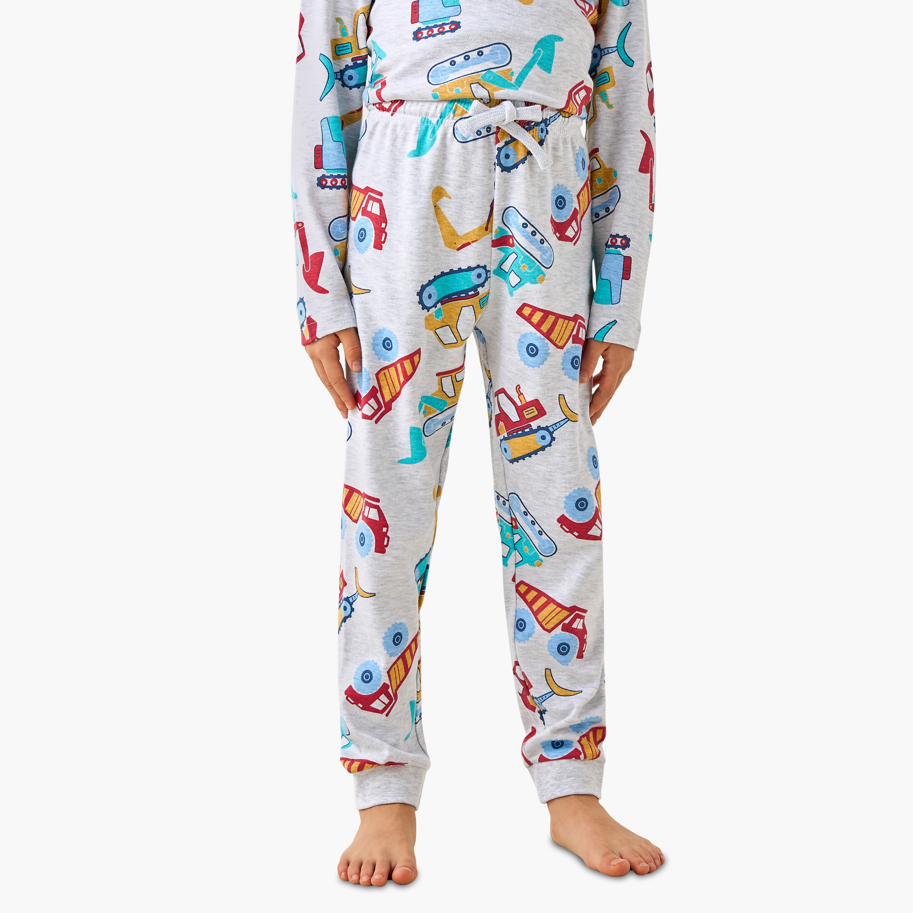 Juniors Cotton Crew Neck Long Sleeves Pyjama Set with Dinosaur Print-boys-clothing-nightwear-image-3