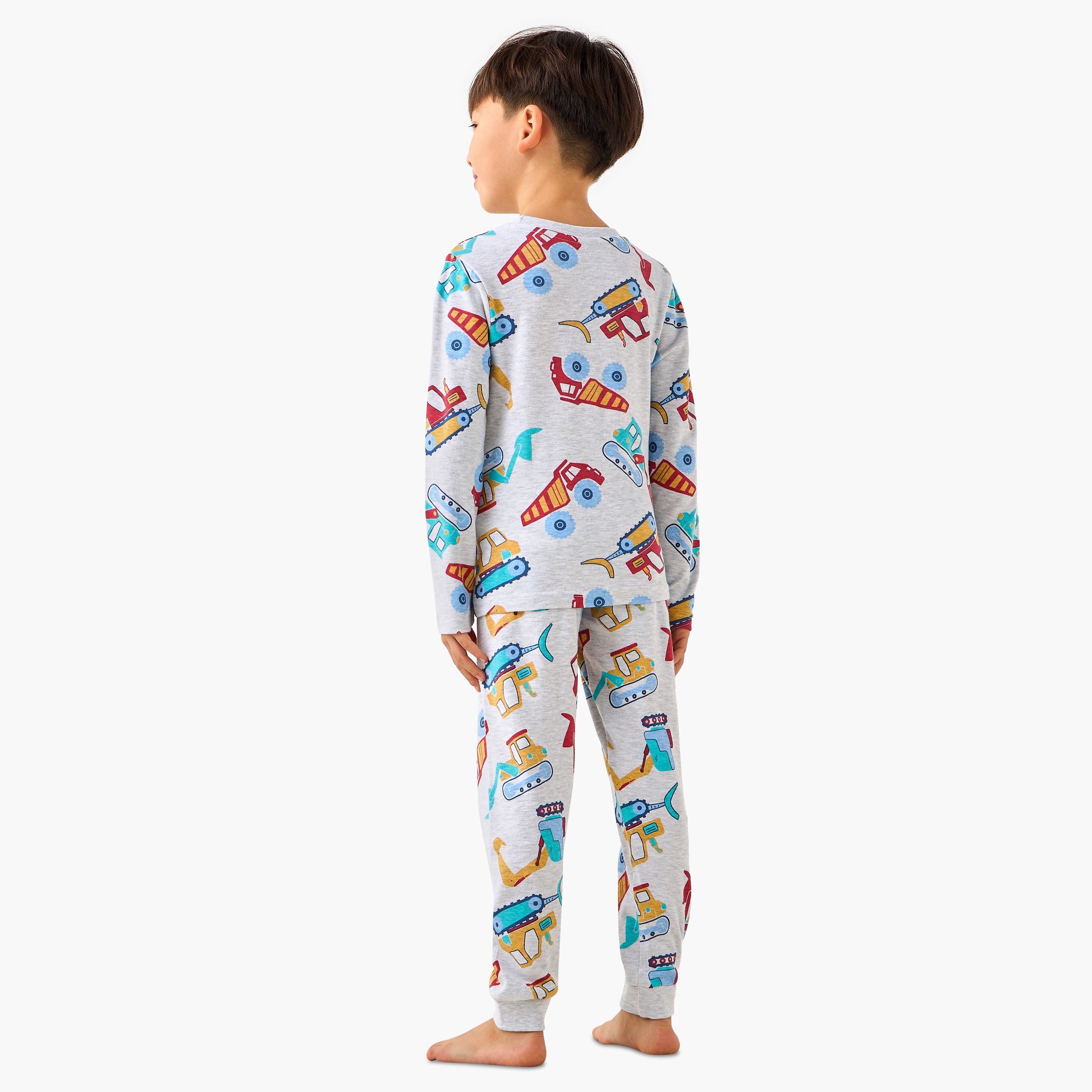 Juniors Cotton Crew Neck Long Sleeves Pyjama Set with Dinosaur Print-boys-clothing-nightwear-image-4
