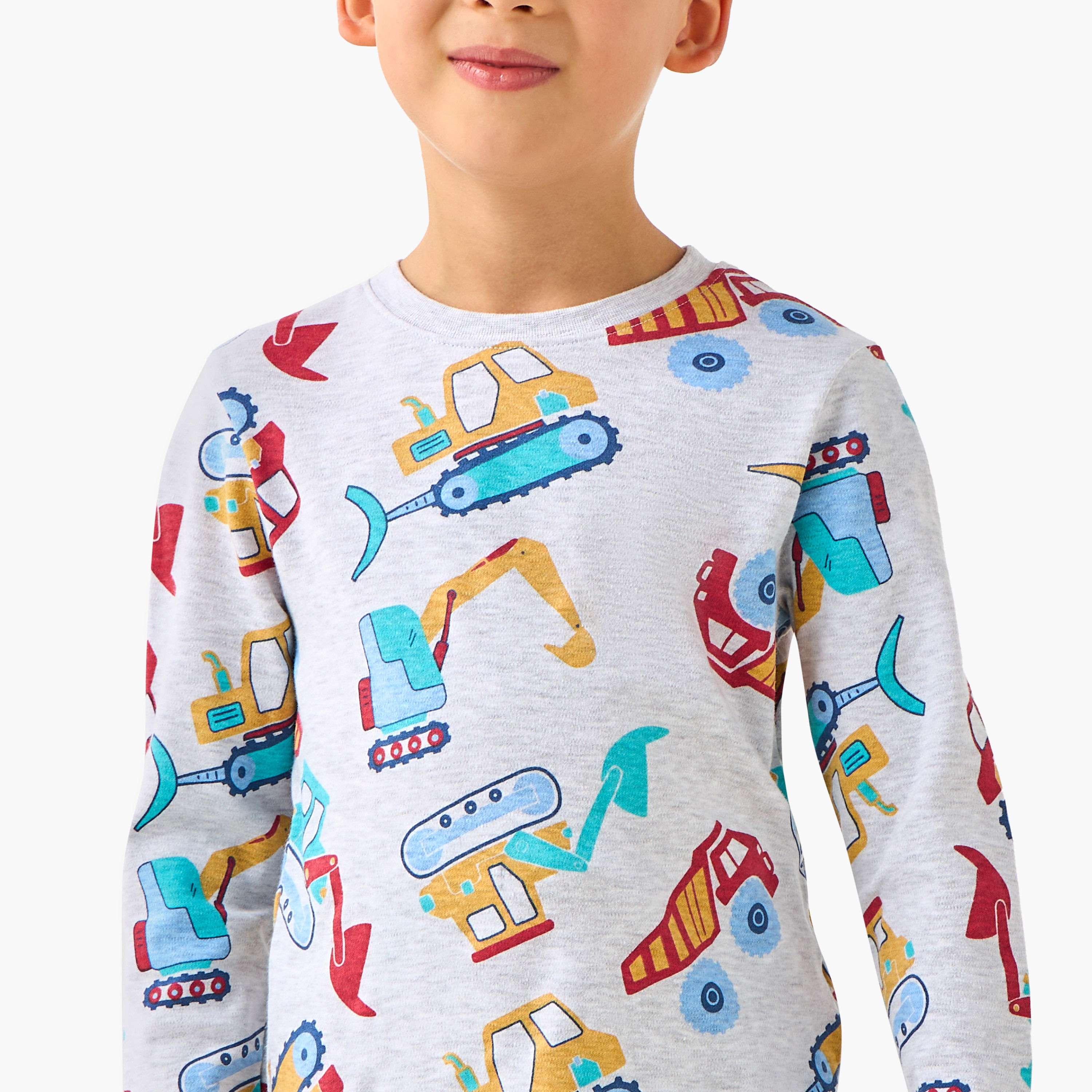 Juniors Cotton Crew Neck Long Sleeves Pyjama Set with Dinosaur Print-boys-clothing-nightwear-image-5
