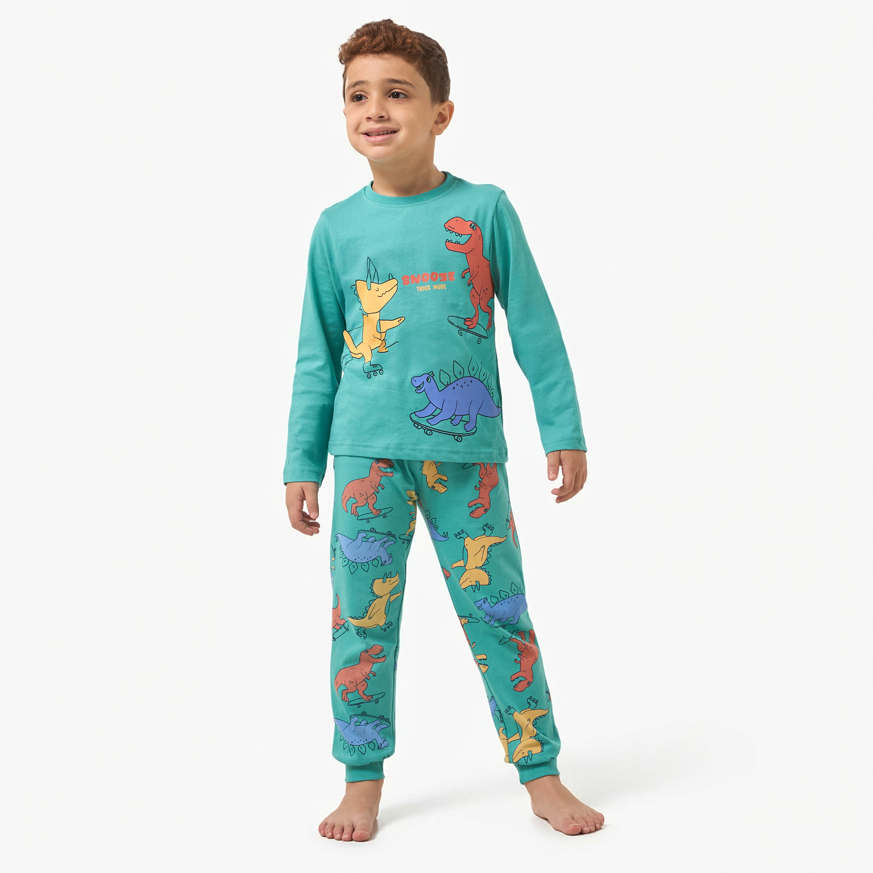Juniors Cotton Crew Neck Long Sleeves Pyjama Set with Wild Animal Print-boys-clothing-nightwear-image-1