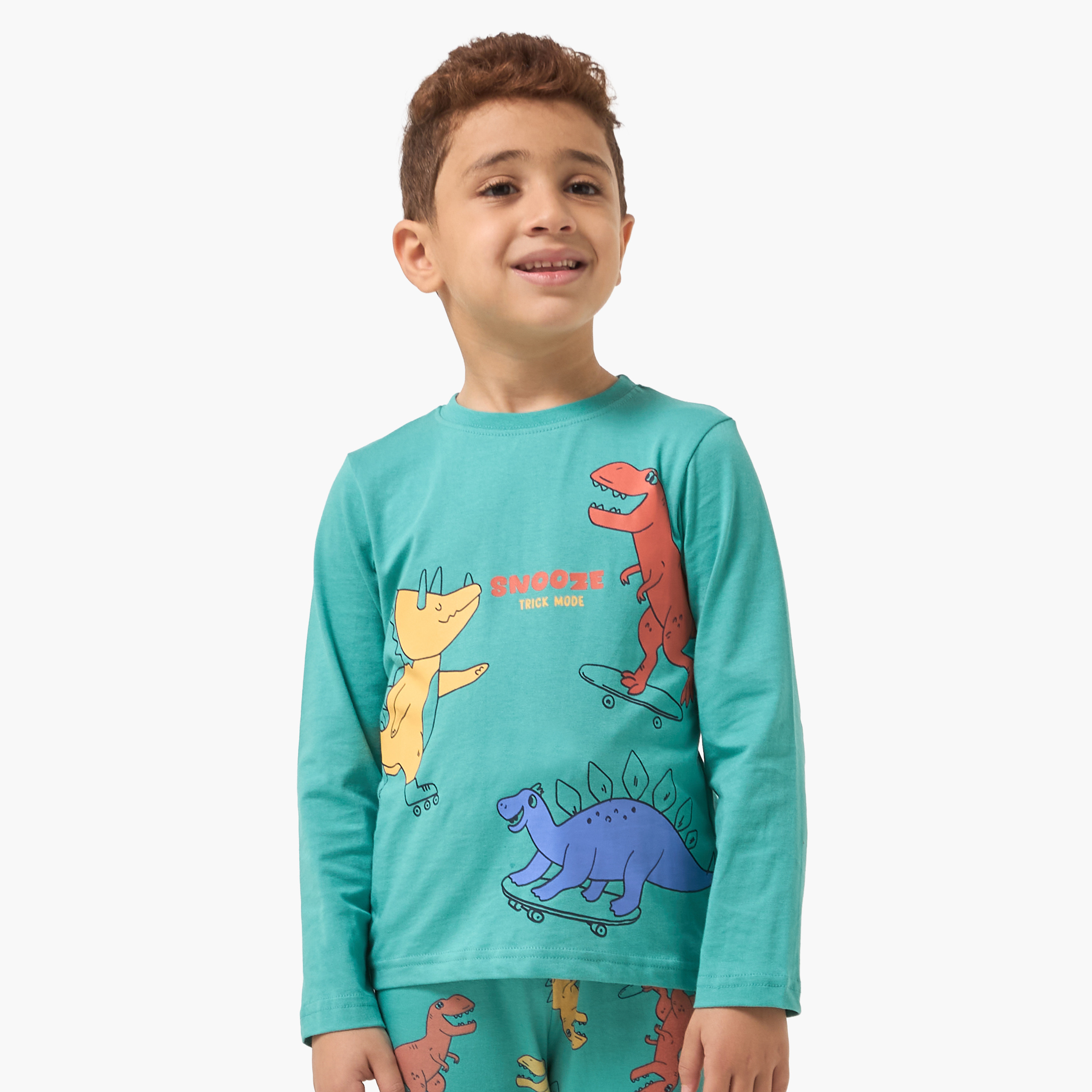 Juniors Cotton Crew Neck Long Sleeves Pyjama Set with Wild Animal Print-boys-clothing-nightwear-image-2