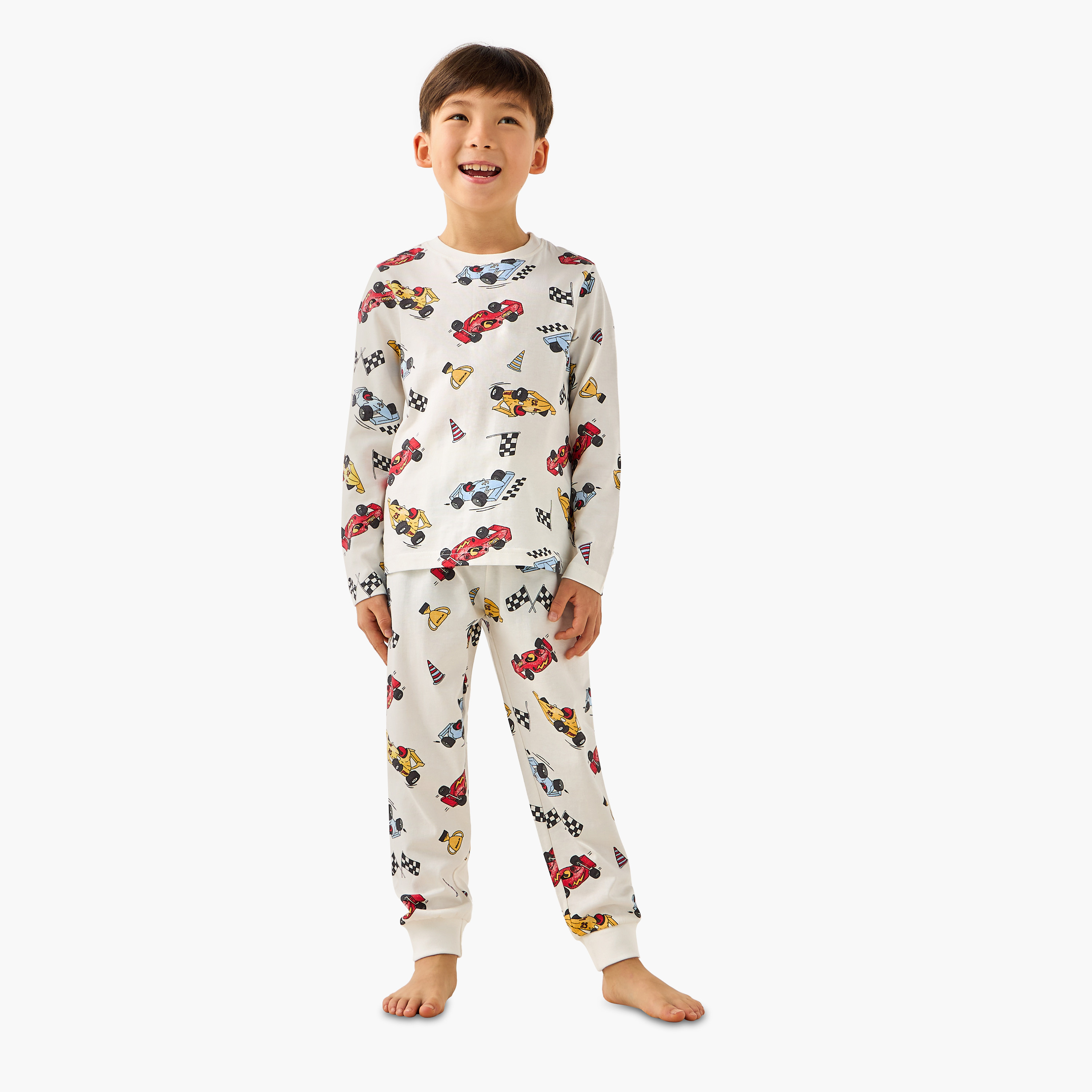 Juniors Cotton Crew Neck Long Sleeves Pyjama Set with Car Print-boys-clothing-nightwear-image-1