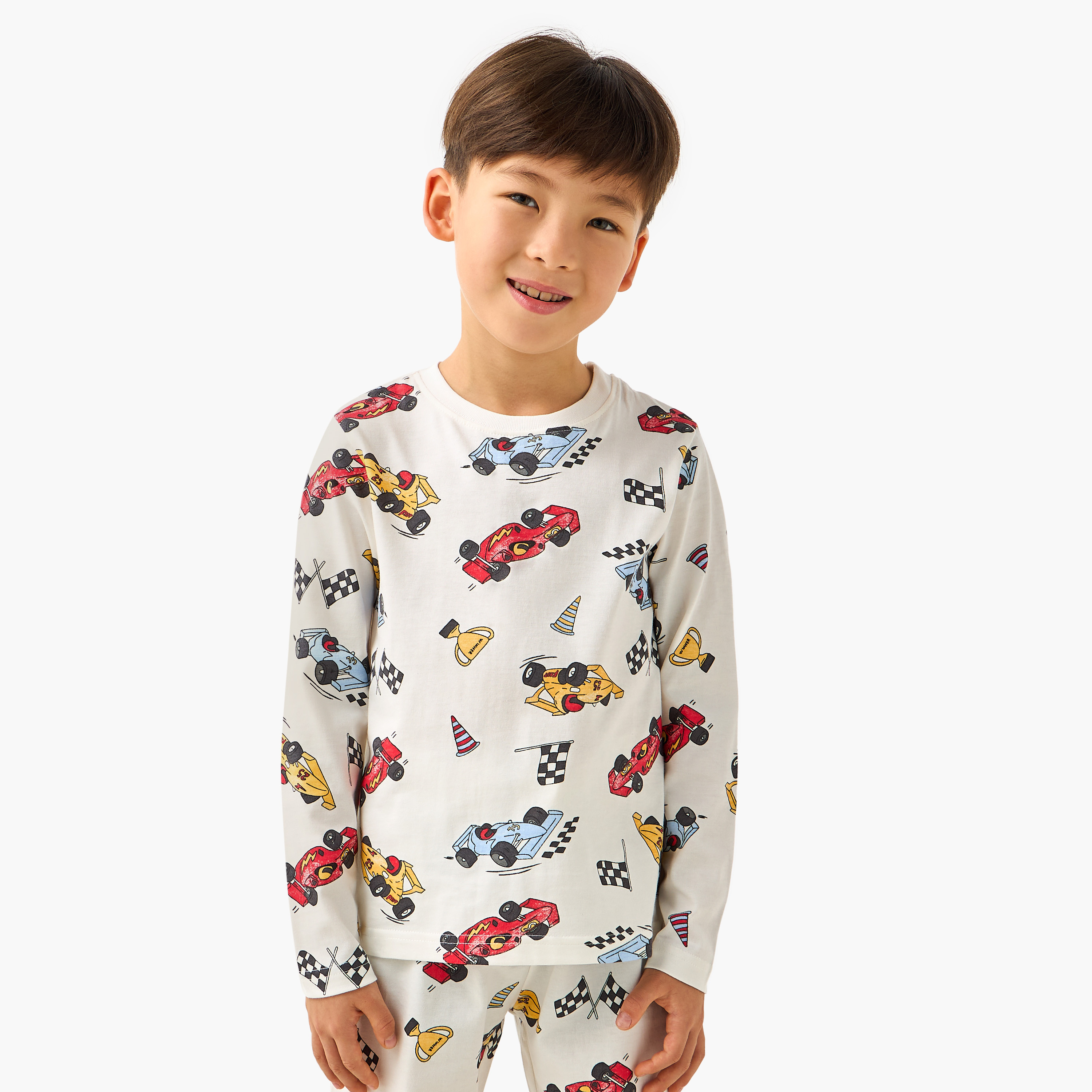 Juniors Cotton Crew Neck Long Sleeves Pyjama Set with Car Print-boys-clothing-nightwear-image-2