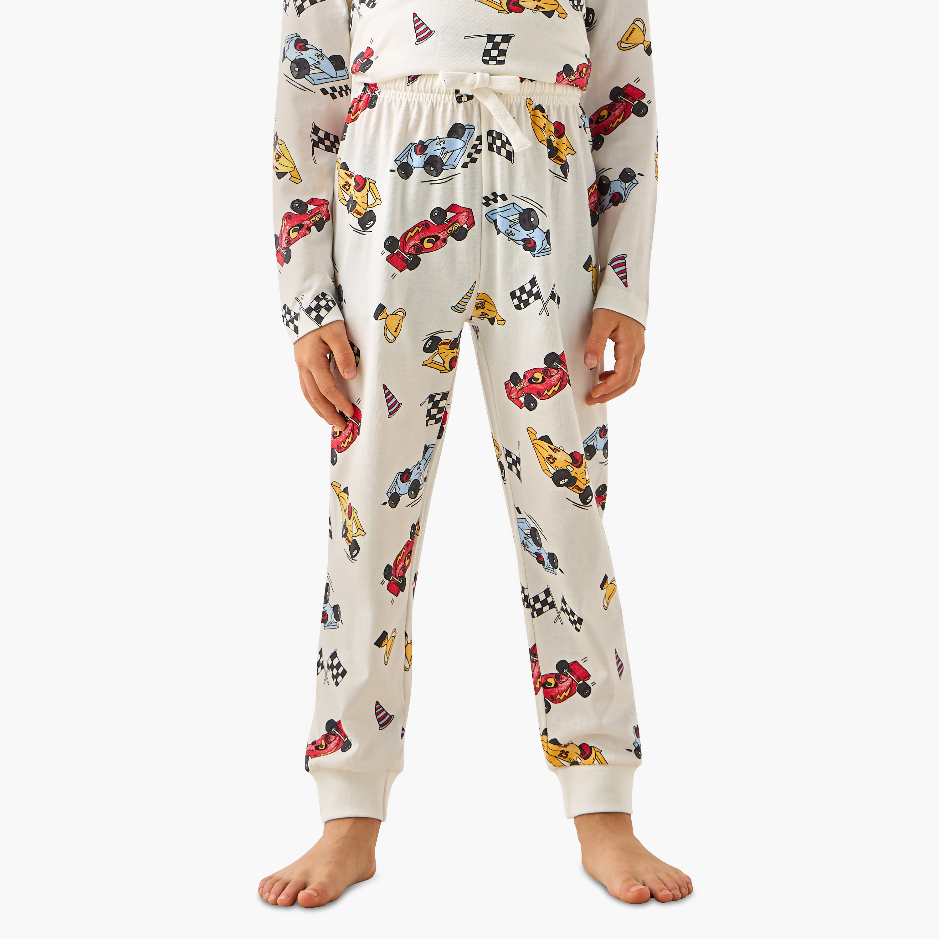 Juniors Cotton Crew Neck Long Sleeves Pyjama Set with Car Print-boys-clothing-nightwear-image-3