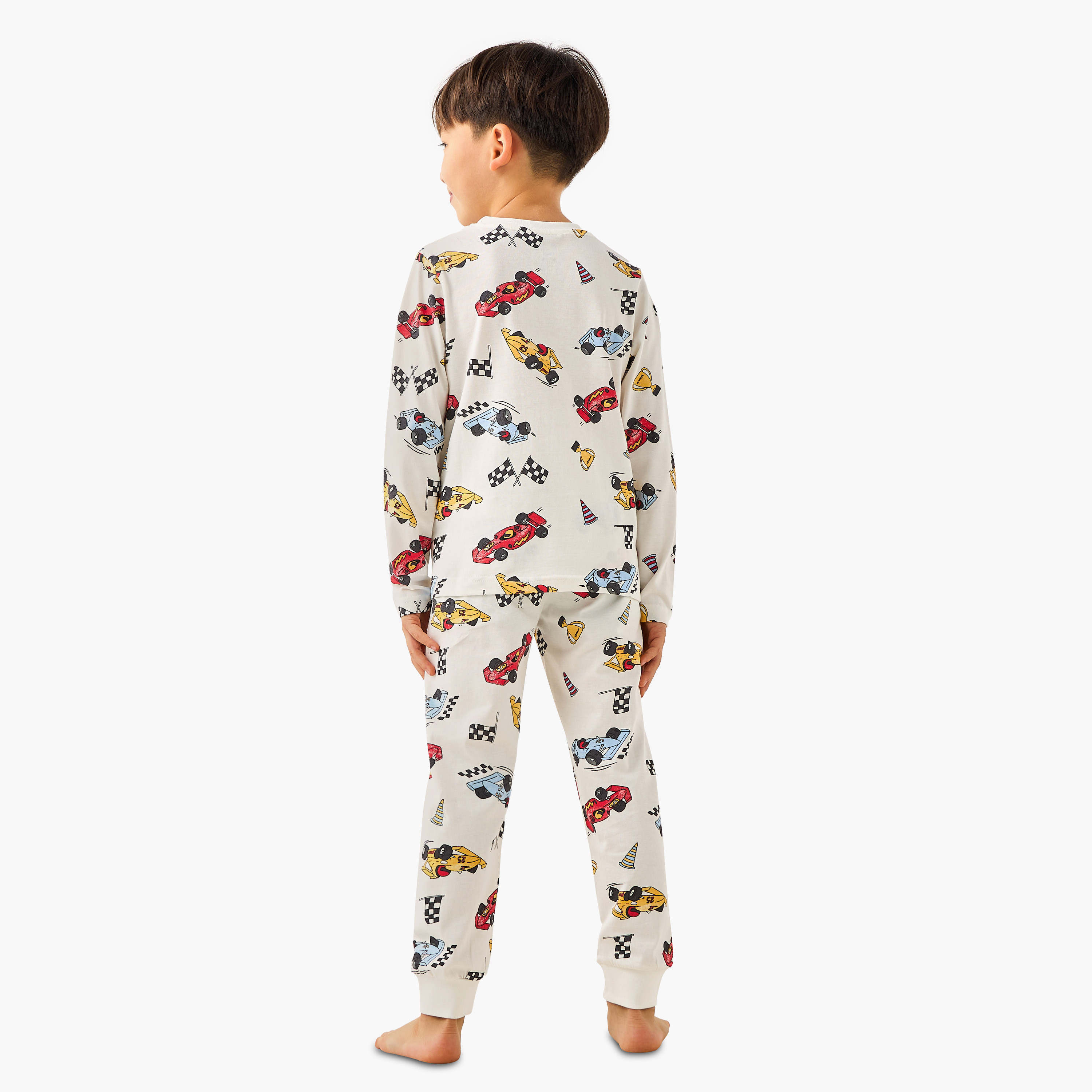Juniors Cotton Crew Neck Long Sleeves Pyjama Set with Car Print-boys-clothing-nightwear-image-4
