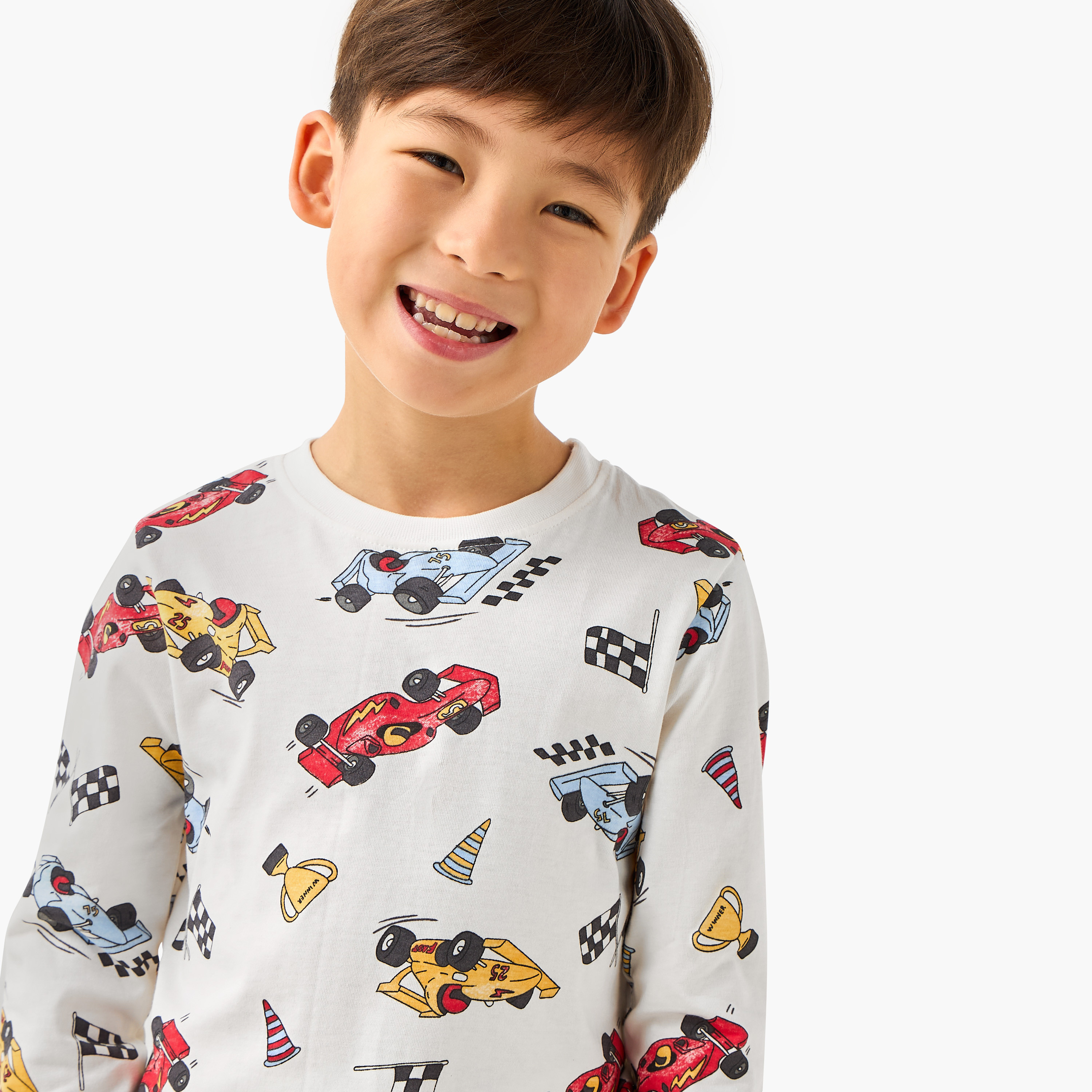Juniors Cotton Crew Neck Long Sleeves Pyjama Set with Car Print-boys-clothing-nightwear-image-5