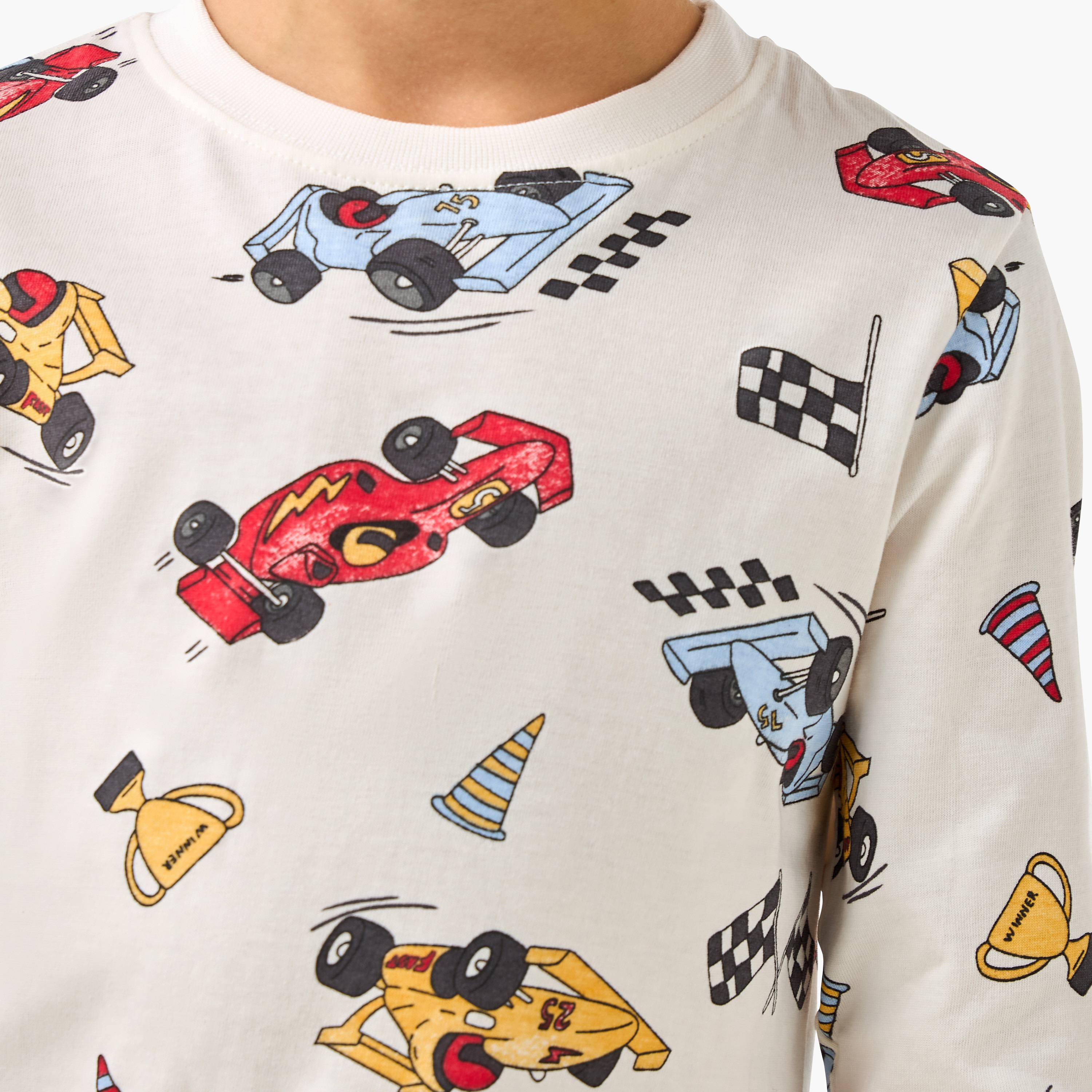 Juniors Cotton Crew Neck Long Sleeves Pyjama Set with Car Print-boys-clothing-nightwear-image-6