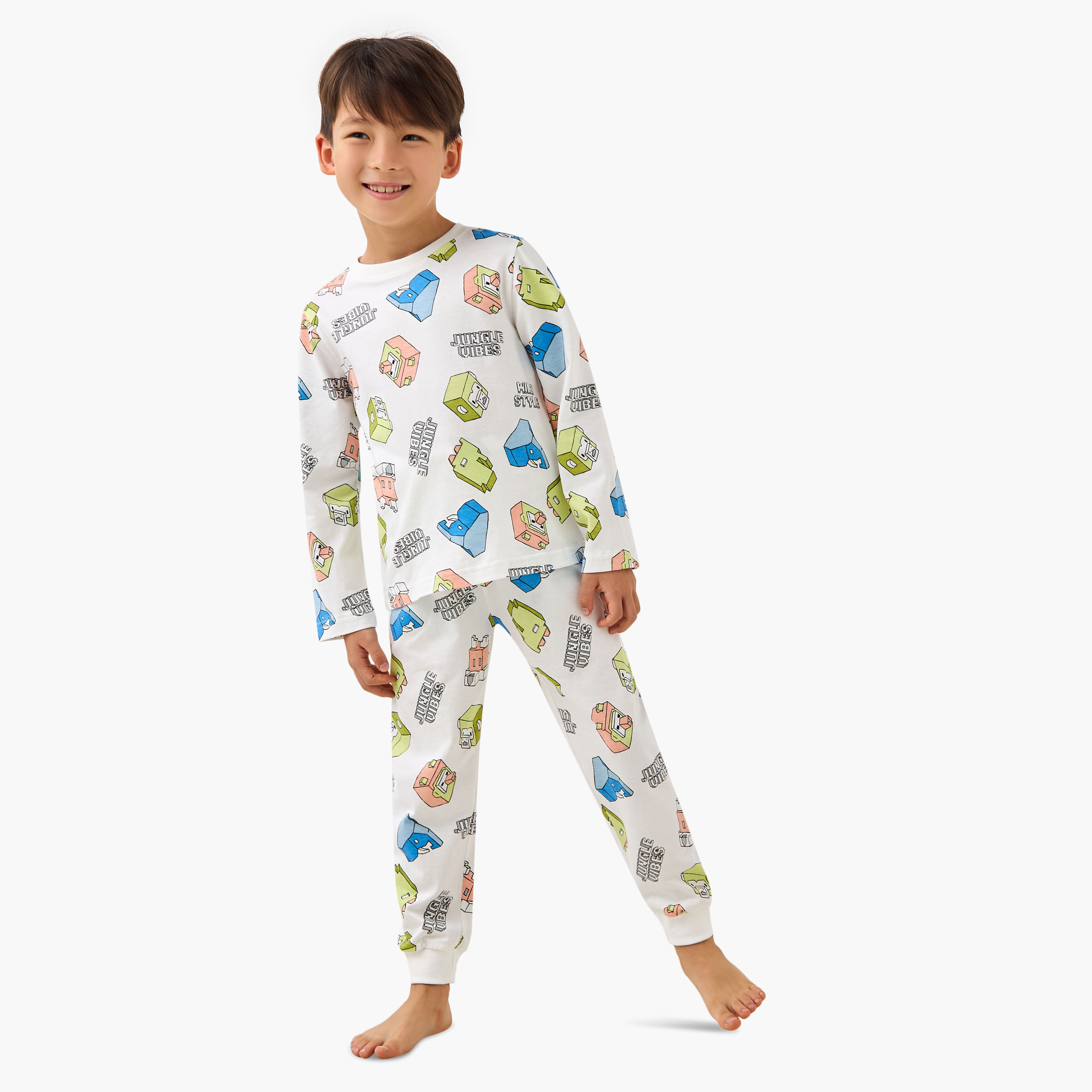 Juniors Cotton Crew Neck Long Sleeves Pyjama Set with Fun Print-boys-clothing-nightwear-image-1