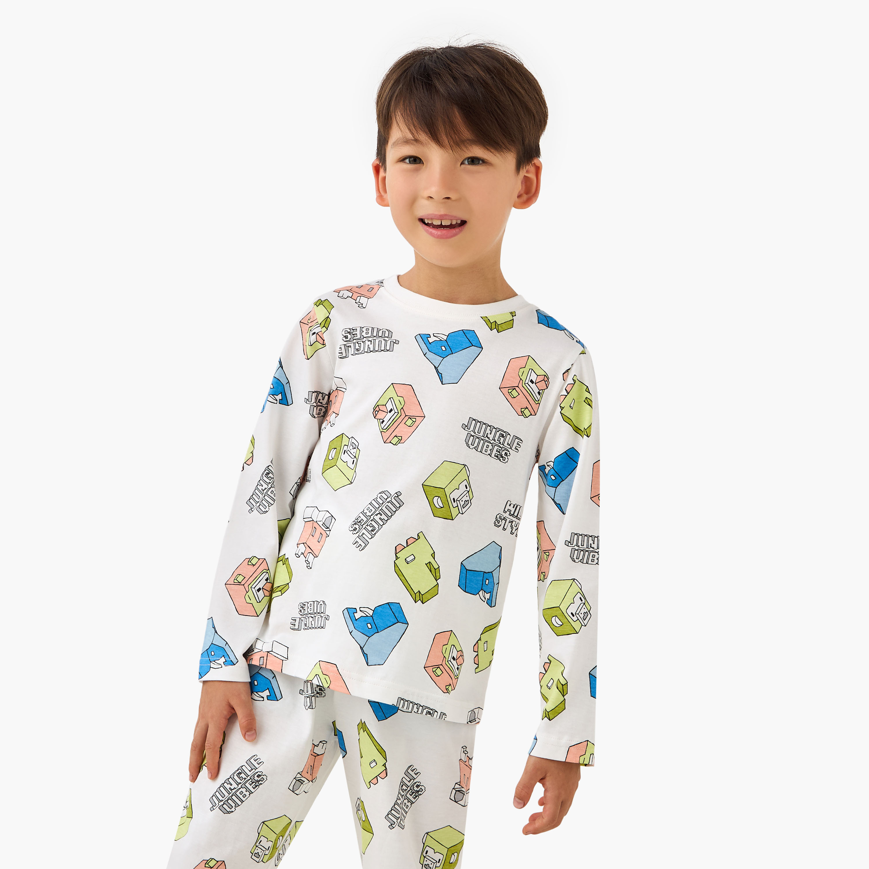 Juniors Cotton Crew Neck Long Sleeves Pyjama Set with Fun Print-boys-clothing-nightwear-image-2