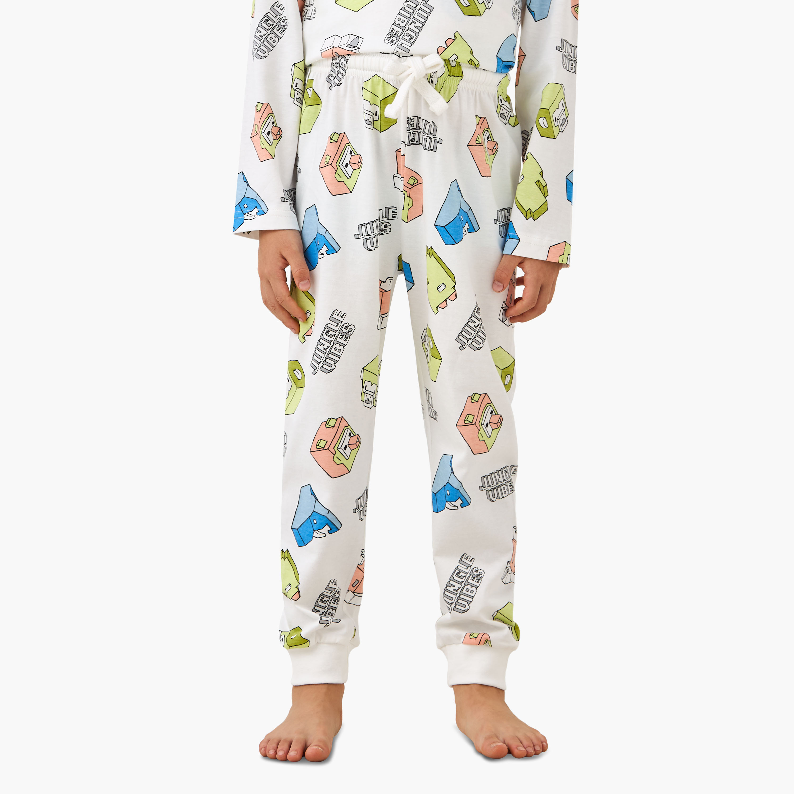 Juniors Cotton Crew Neck Long Sleeves Pyjama Set with Fun Print-boys-clothing-nightwear-image-3