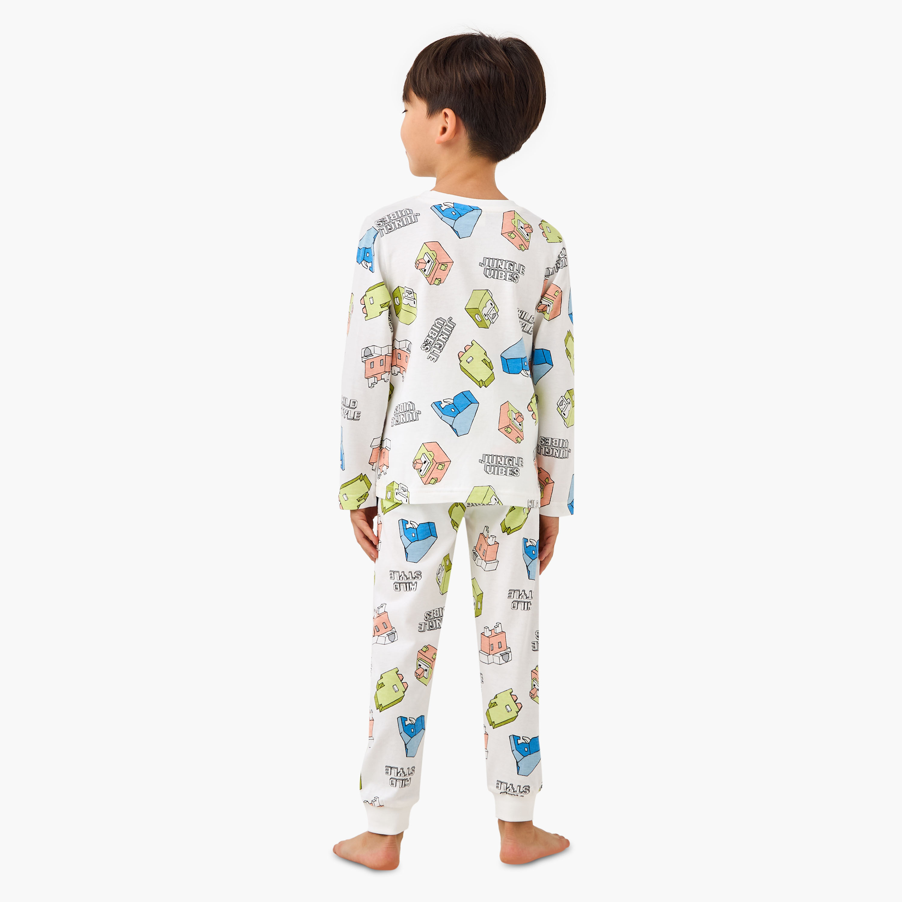 Juniors Cotton Crew Neck Long Sleeves Pyjama Set with Fun Print-boys-clothing-nightwear-image-4