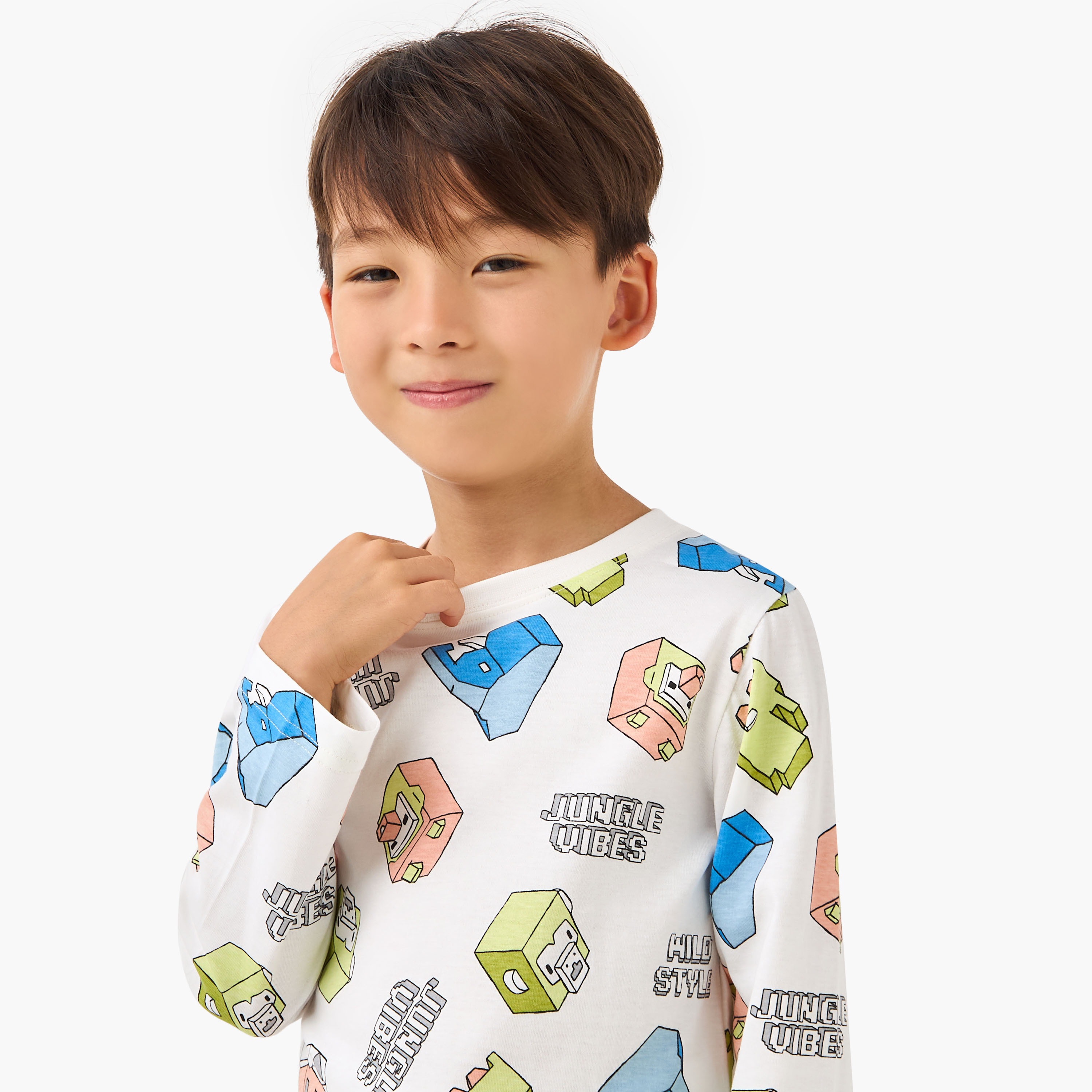 Juniors Cotton Crew Neck Long Sleeves Pyjama Set with Fun Print-boys-clothing-nightwear-image-5