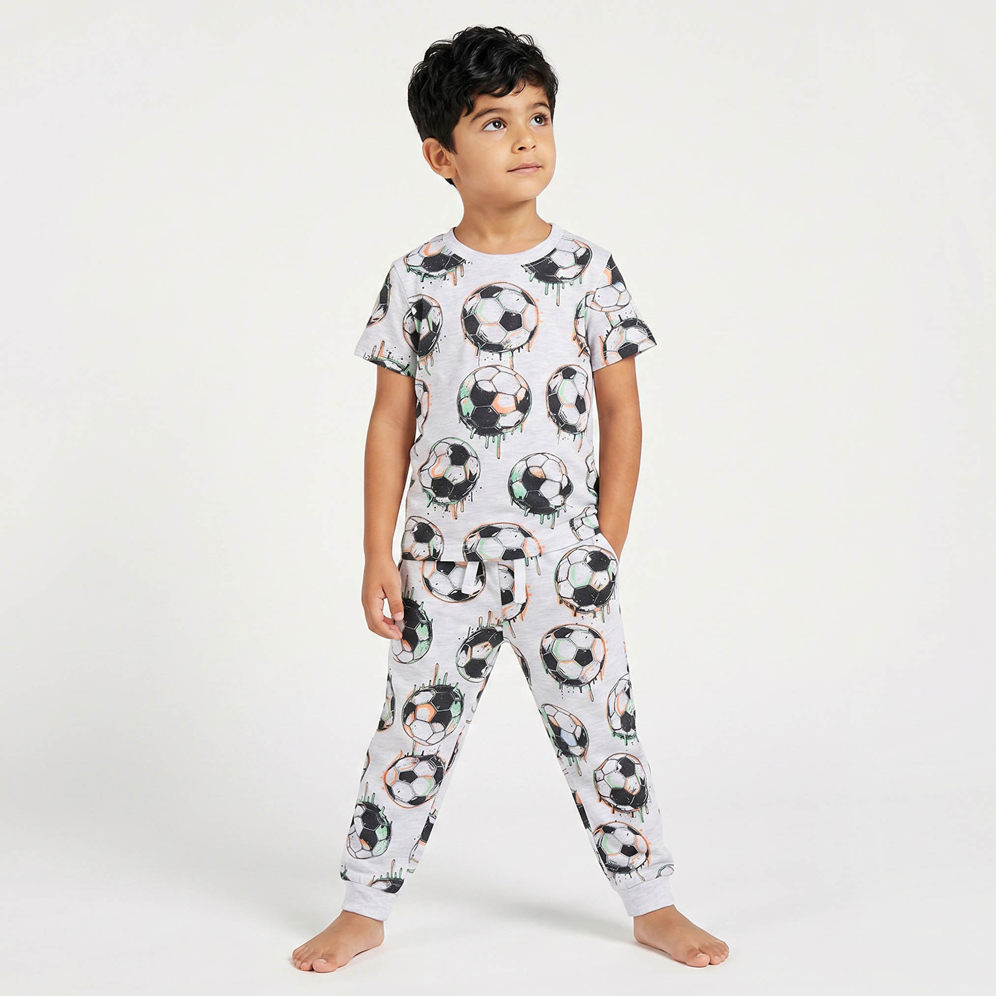 Juniors Cotton Crew Neck Short Sleeves Pyjama Set with Football Print-boys-clothing-nightwear-image-1