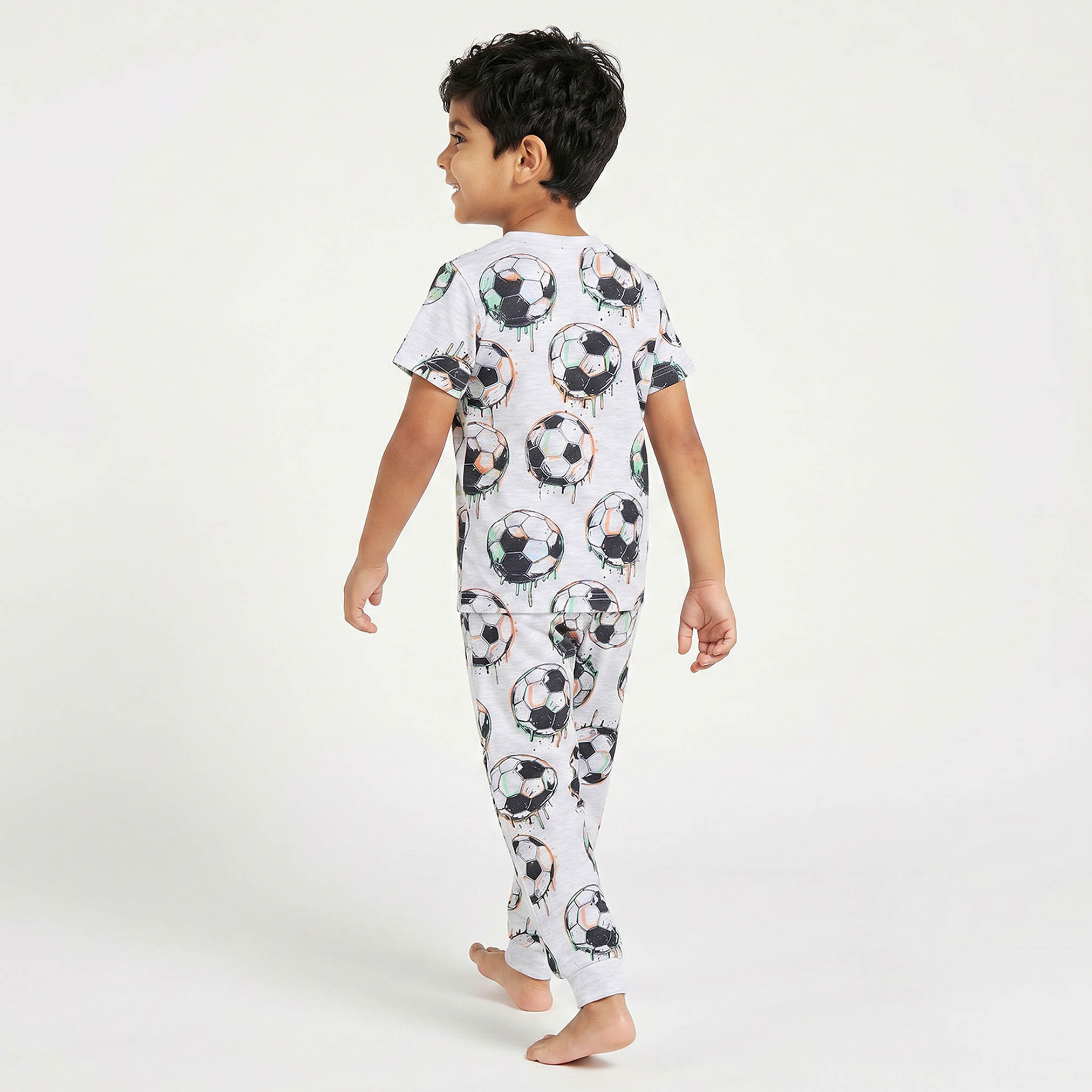 Juniors Cotton Crew Neck Short Sleeves Pyjama Set with Football Print-boys-clothing-nightwear-image-3