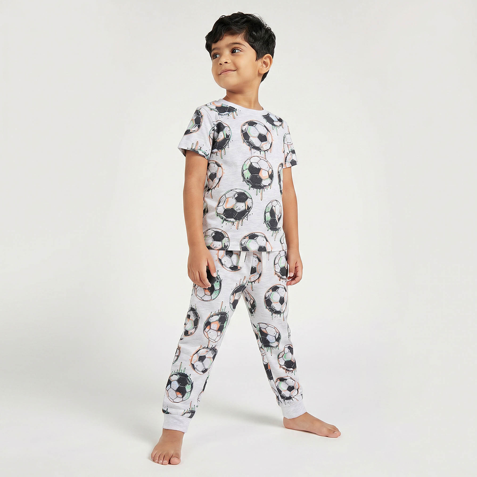 Juniors Cotton Crew Neck Short Sleeves Pyjama Set with Football Print-boys-clothing-nightwear-image-7