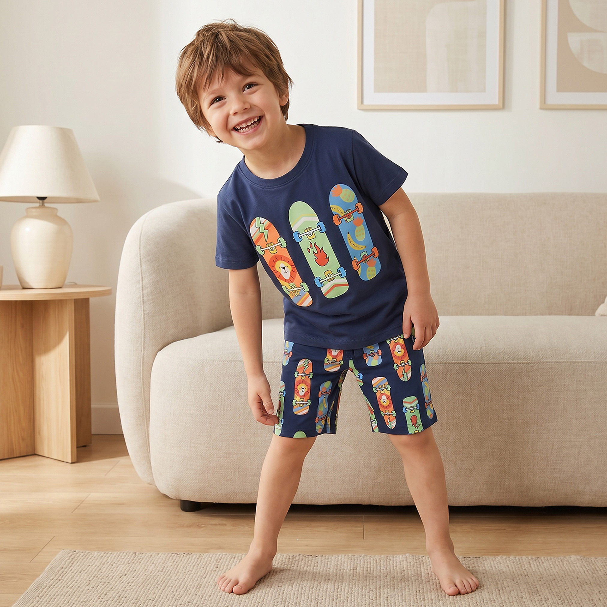 Juniors Cotton Crew Neck Short Sleeves Shorts Set with Skateboard Print-boys-clothing-nightwear-image-1