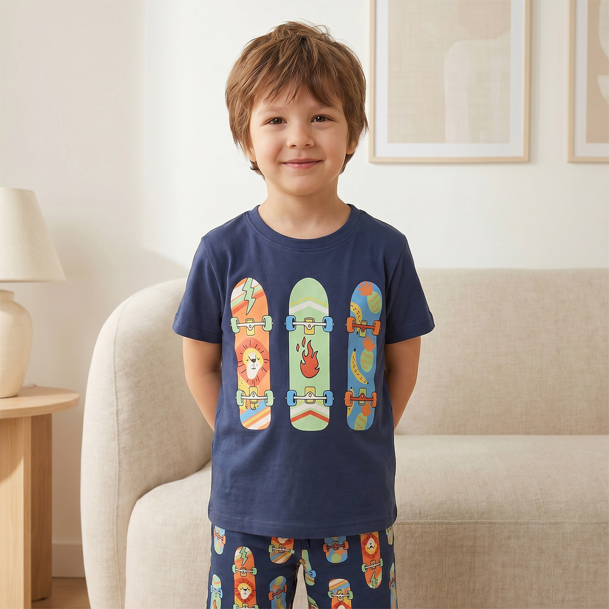 Juniors Cotton Crew Neck Short Sleeves Shorts Set with Skateboard Print-boys-clothing-nightwear-image-2
