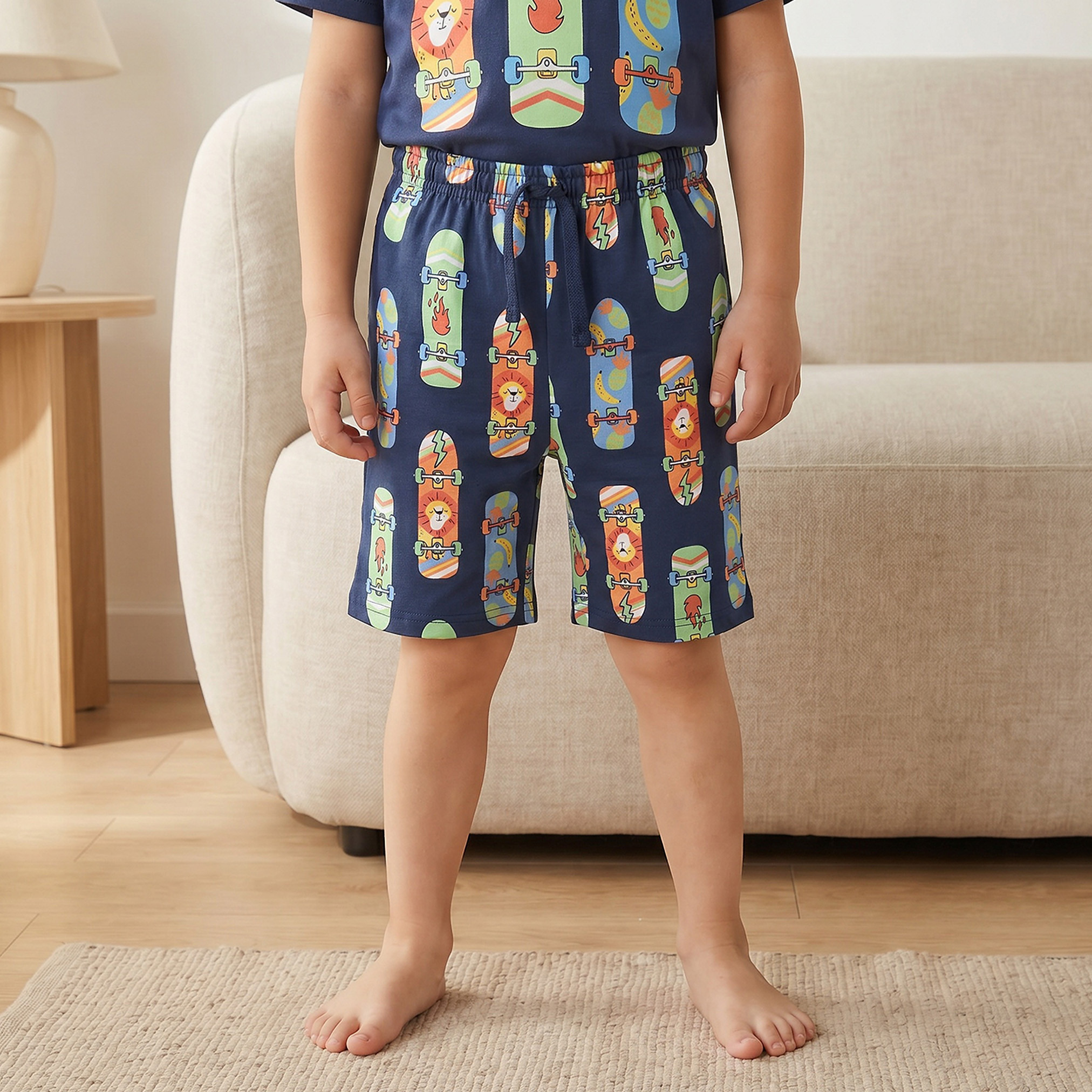Juniors Cotton Crew Neck Short Sleeves Shorts Set with Skateboard Print-boys-clothing-nightwear-image-3