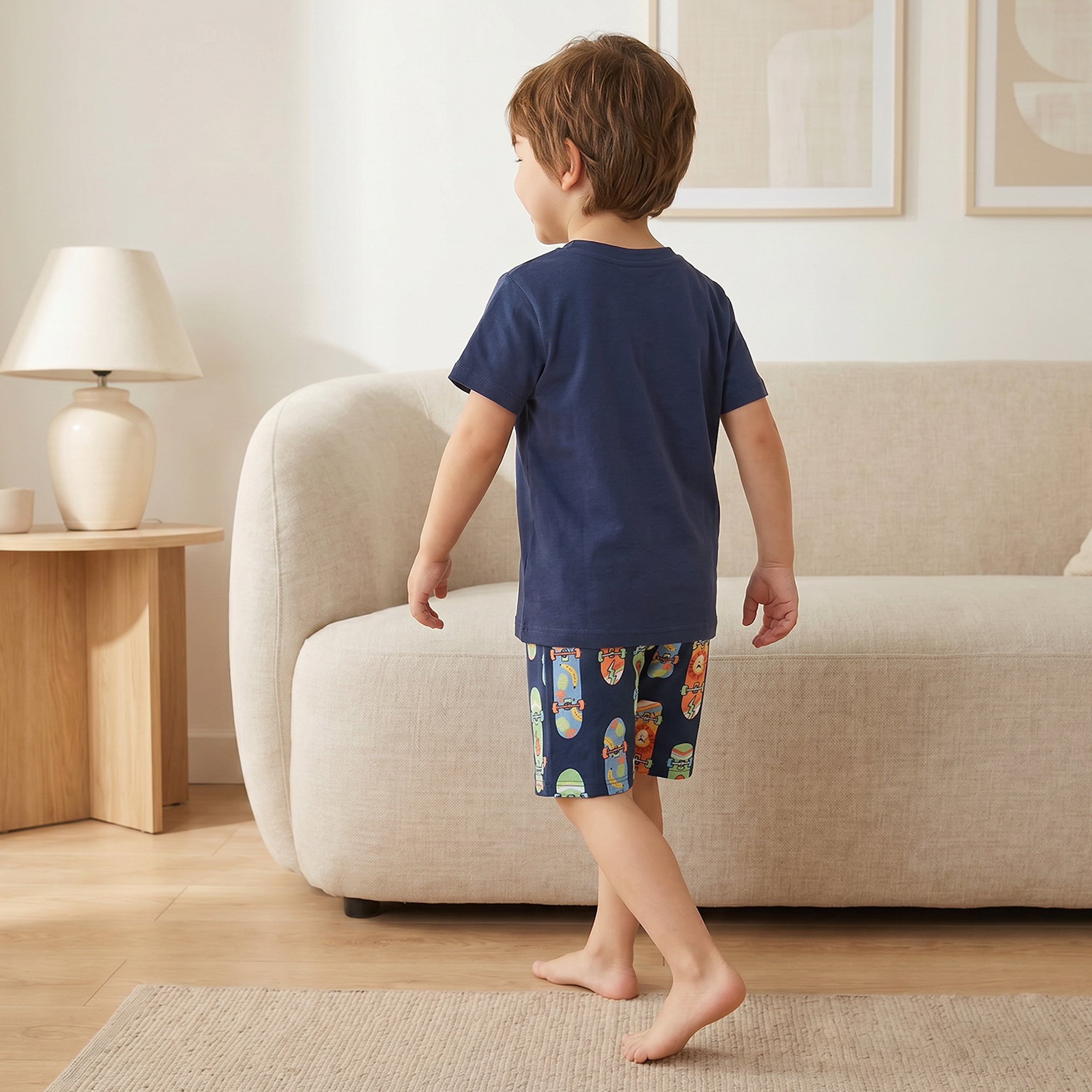 Juniors Cotton Crew Neck Short Sleeves Shorts Set with Skateboard Print-boys-clothing-nightwear-image-4