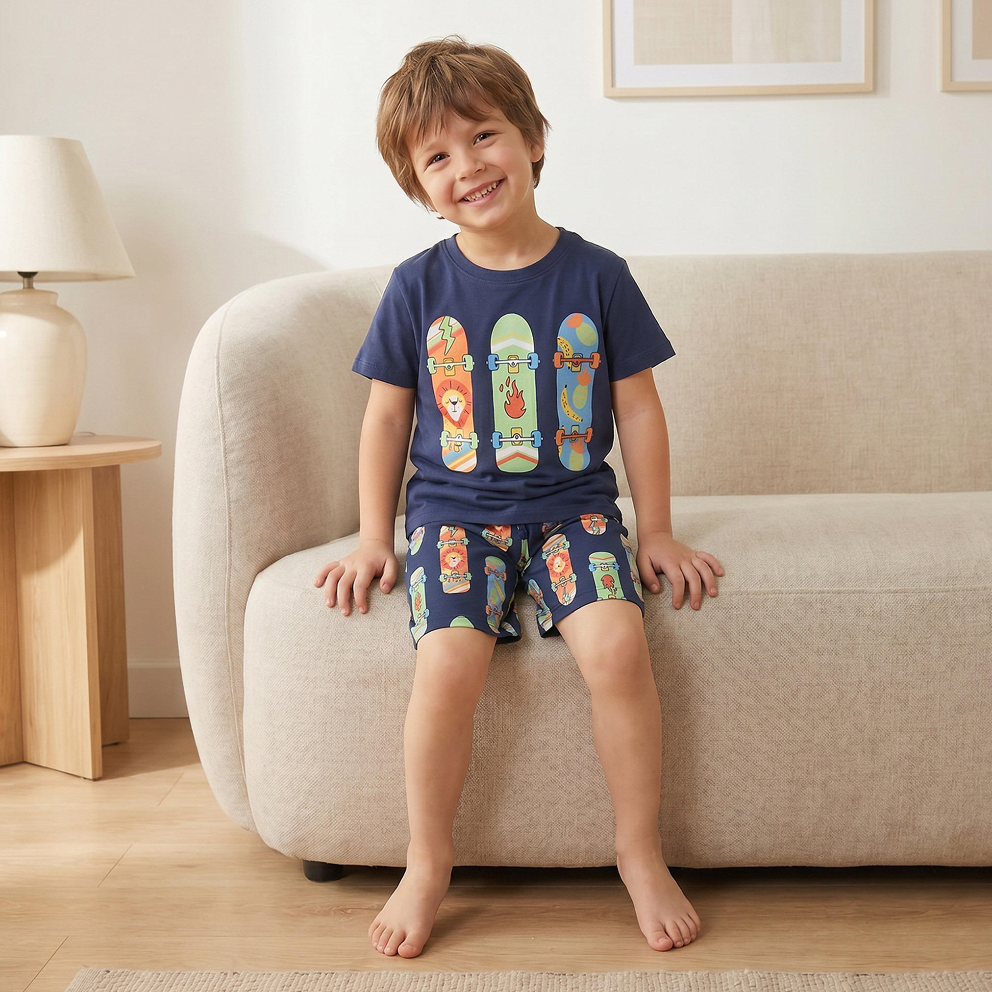 Juniors Cotton Crew Neck Short Sleeves Shorts Set with Skateboard Print-boys-clothing-nightwear-image-7